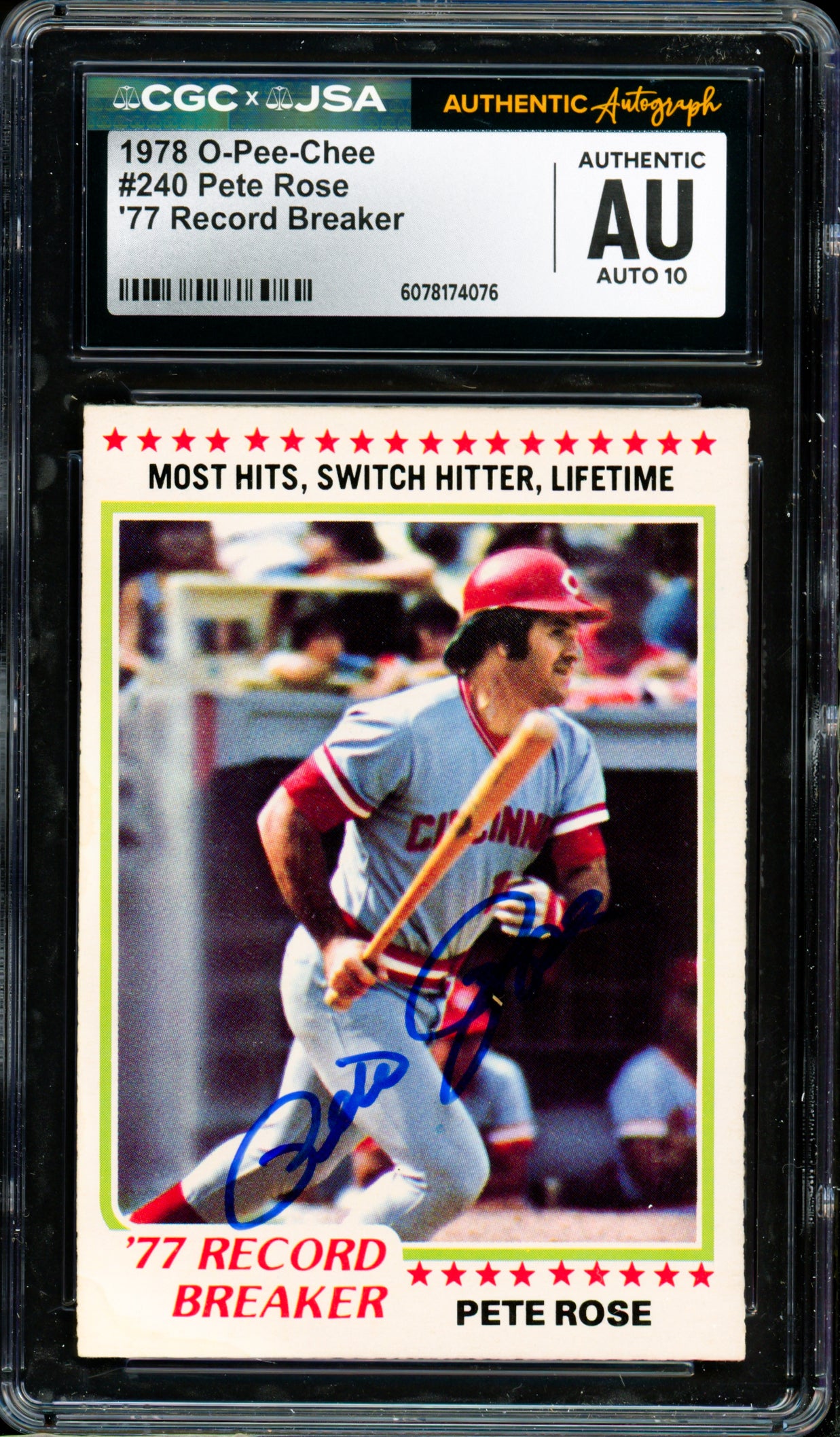 Pete Rose Autographed 1978 O-Pee-Chee Card #240 Cincinnati Reds Auto Grade Gem Mint 10 CGC x JSA #6078174076