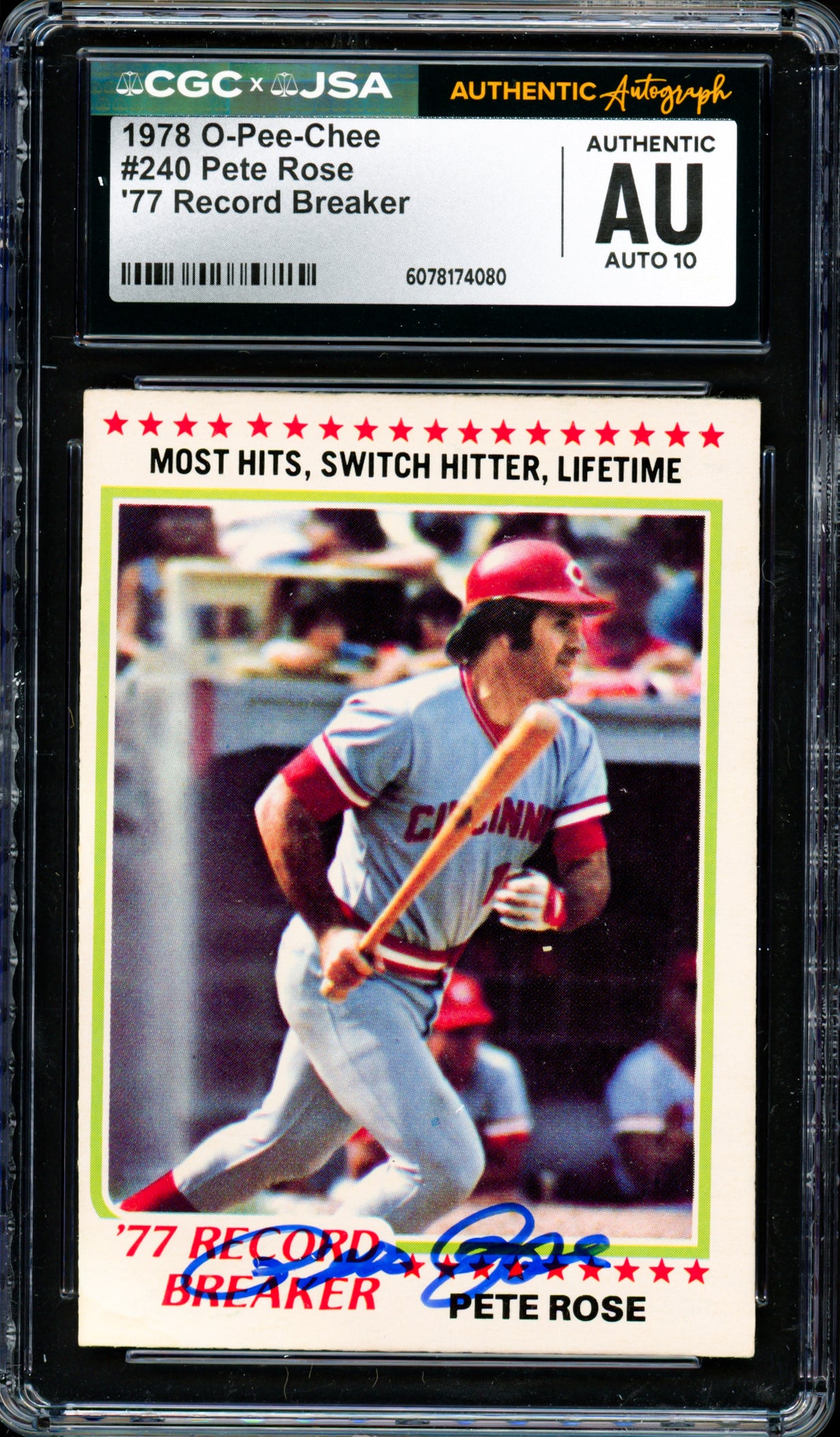 Pete Rose Autographed 1978 O-Pee-Chee Card #240 Cincinnati Reds Auto Grade Gem Mint 10 CGC x JSA #6078174080