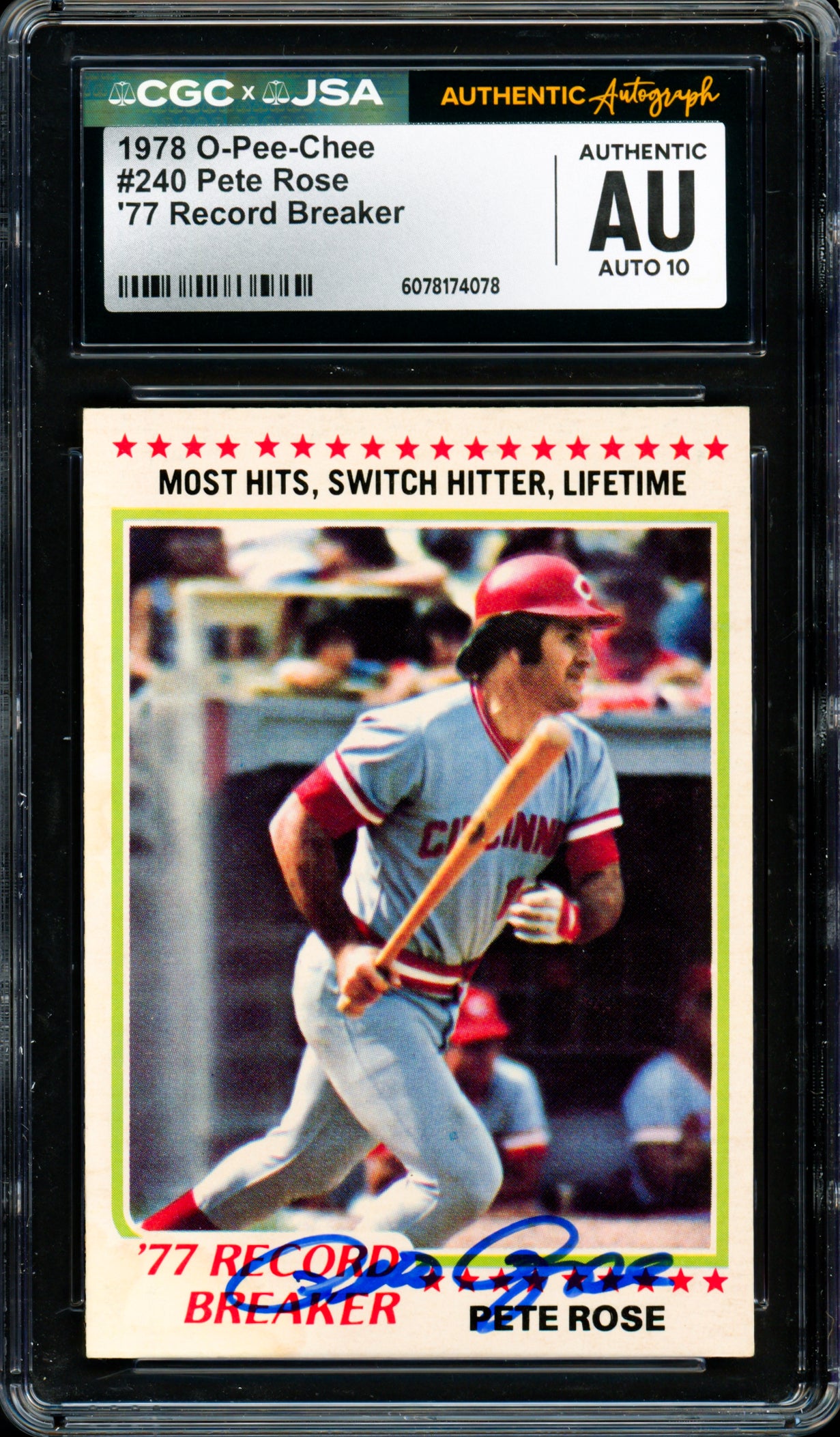 Pete Rose Autographed 1978 O-Pee-Chee Card #240 Cincinnati Reds Auto Grade Gem Mint 10 CGC x JSA #6078174078