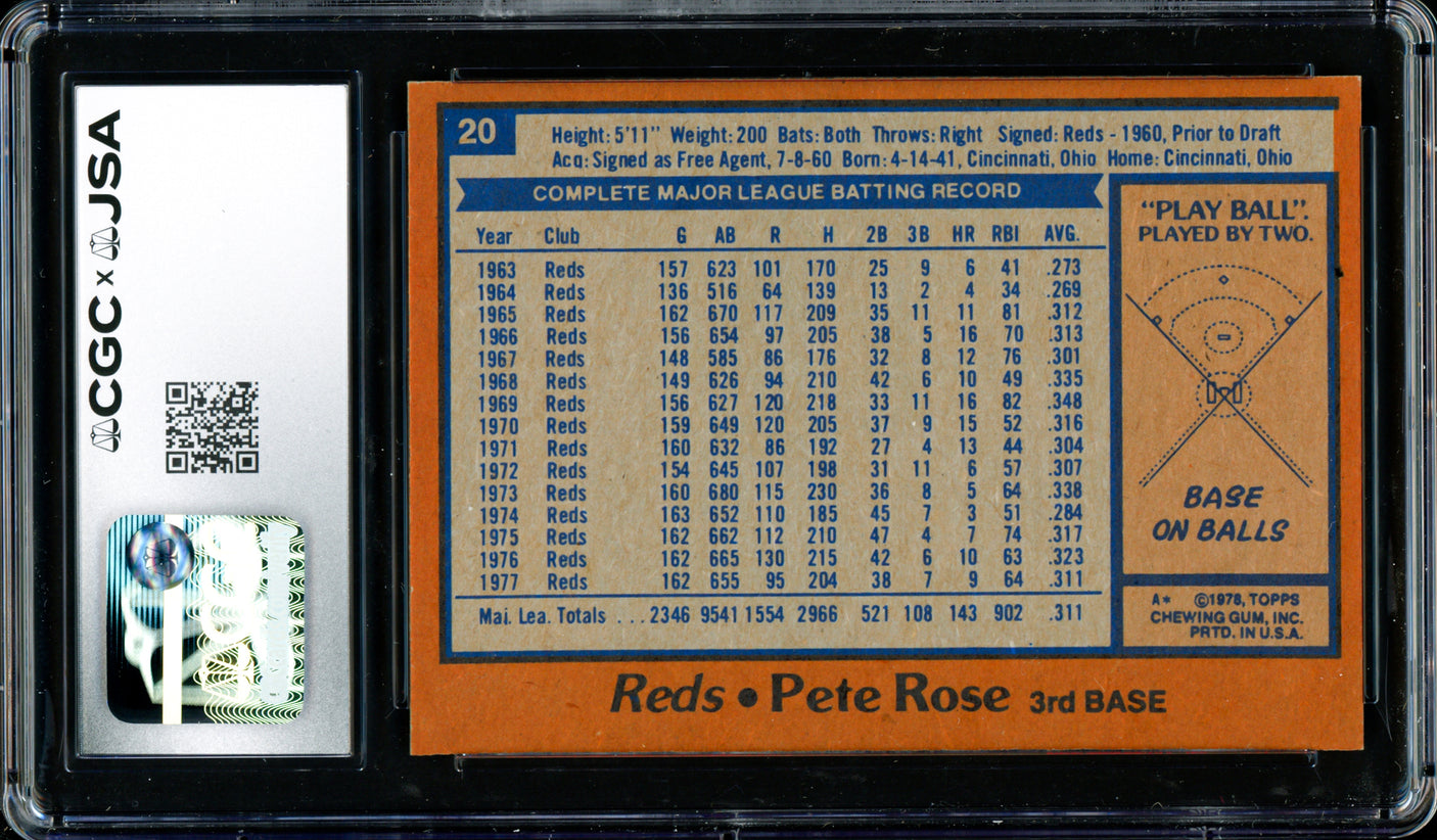 Pete Rose Autographed 1978 Topps Card #20 Cincinnati Reds Card Grade 8.5 CGC x JSA #6078175005