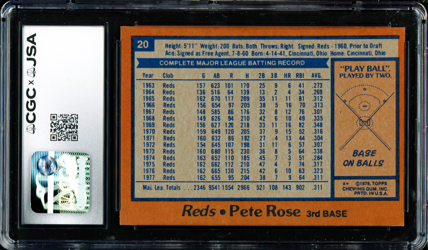 Pete Rose Autographed 1978 Topps Card #20 Cincinnati Reds Card Grade 8.5 CGC x JSA #6078175021