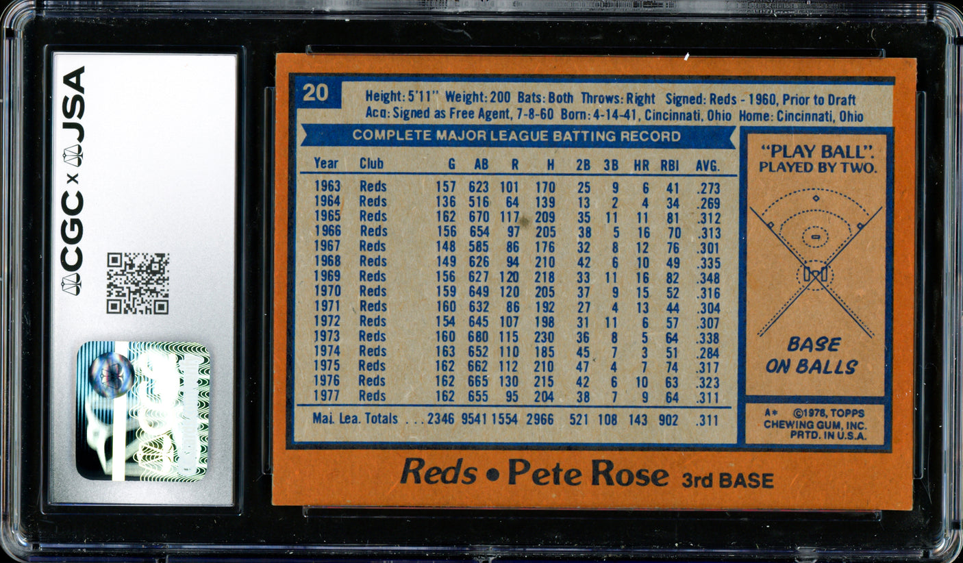 Pete Rose Autographed 1978 Topps Card #20 Cincinnati Reds Card Grade 8.5 CGC x JSA #6078174187
