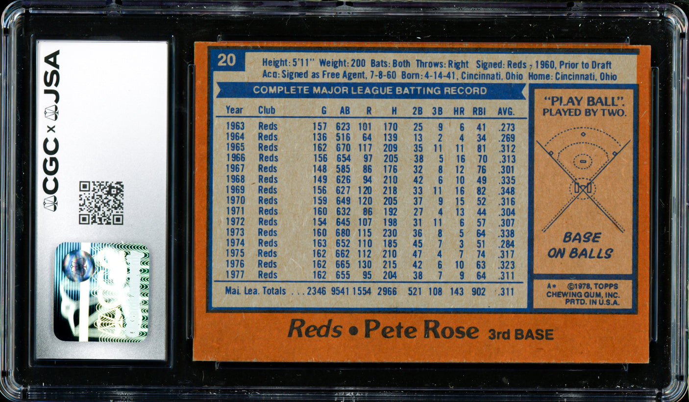 Pete Rose Autographed 1978 Topps Card #20 Cincinnati Reds Auto Grade Gem Mint 10 CGC x JSA #6078174211