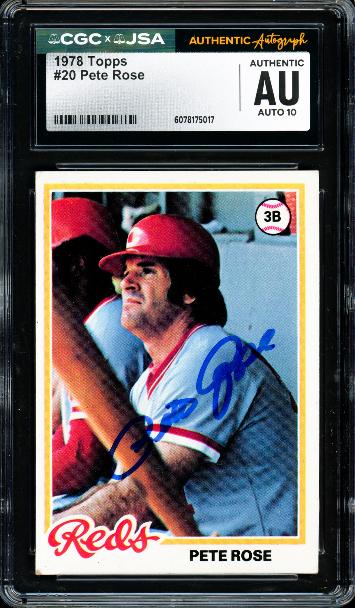 Pete Rose Autographed 1978 Topps Card #20 Cincinnati Reds Auto Grade Gem Mint 10 CGC x JSA #6078175017