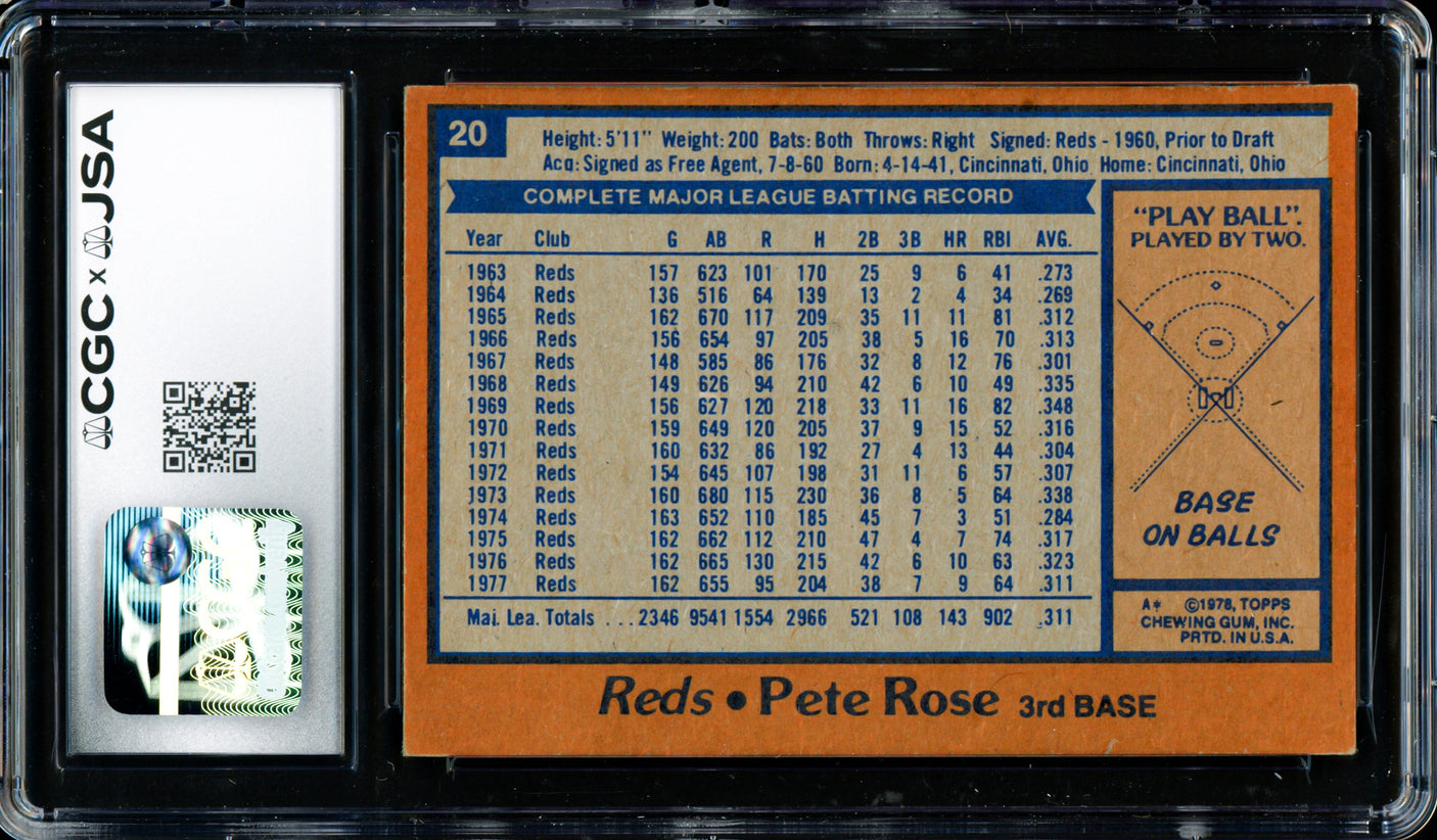 Pete Rose Autographed 1978 Topps Card #20 Cincinnati Reds Auto Grade Gem Mint 10 CGC x JSA #6078175017