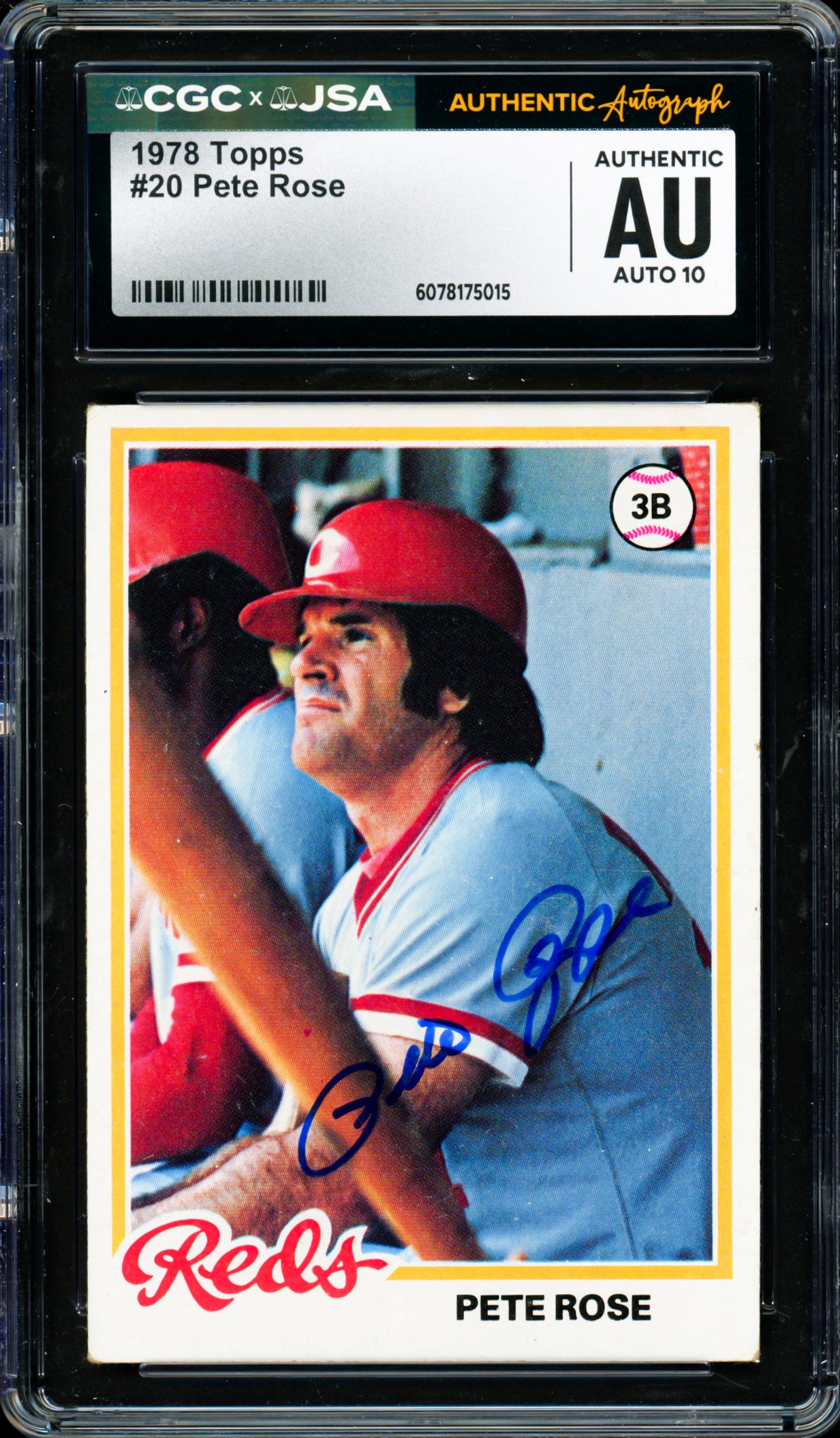 Pete Rose Autographed 1978 Topps Card #20 Cincinnati Reds Auto Grade Gem Mint 10 CGC x JSA #6078175015