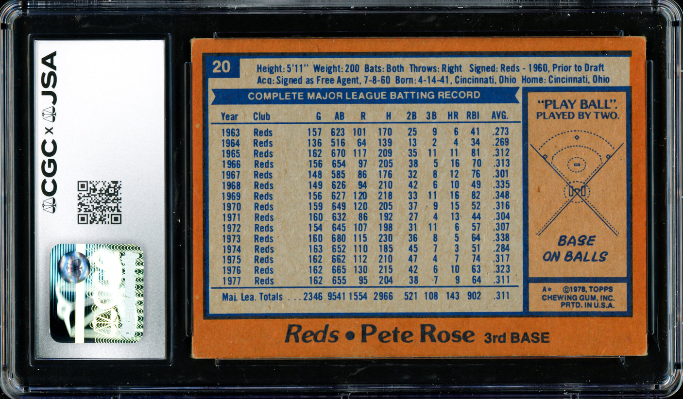 Pete Rose Autographed 1978 Topps Card #20 Cincinnati Reds Auto Grade Gem Mint 10 CGC x JSA #6078175015