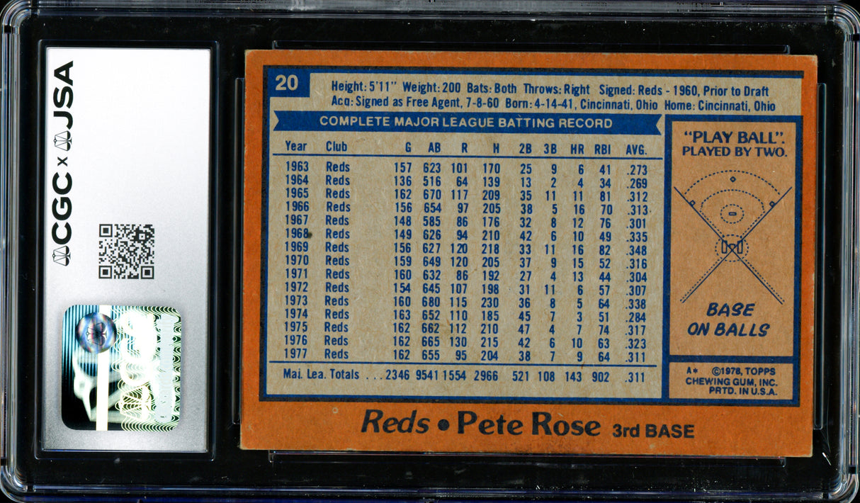 Pete Rose Autographed 1978 Topps Card #20 Cincinnati Reds Auto Grade Gem Mint 10 CGC x JSA #6078175031