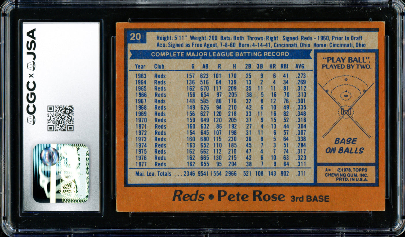 Pete Rose Autographed 1978 Topps Card #20 Cincinnati Reds CGC x JSA #6078175035