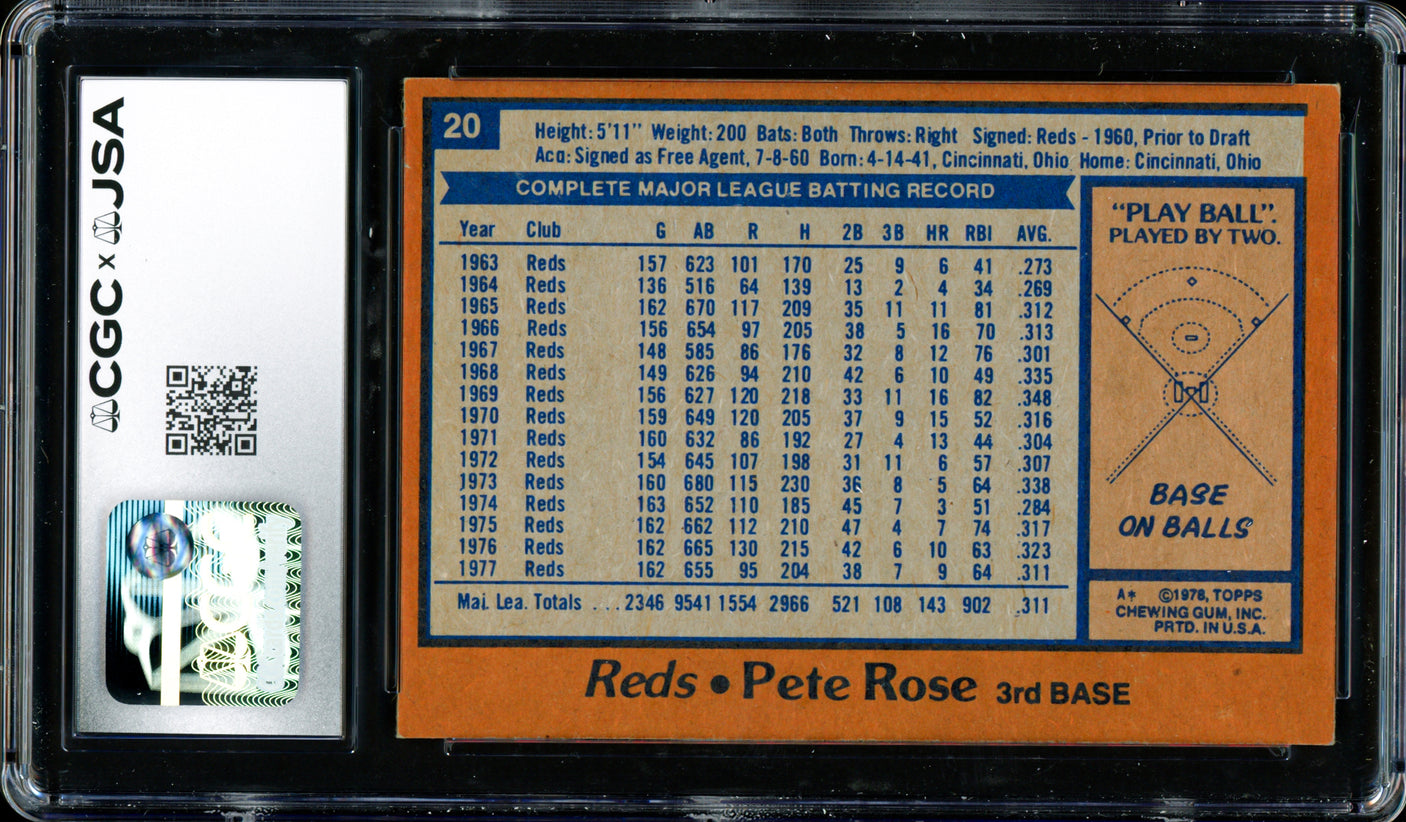 Pete Rose Autographed 1978 Topps Card #20 Cincinnati Reds CGC x JSA #6078175037