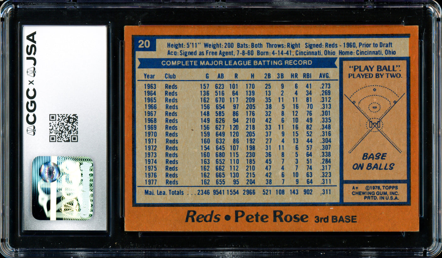 Pete Rose Autographed 1978 Topps Card #20 Cincinnati Reds CGC x JSA #6078175038