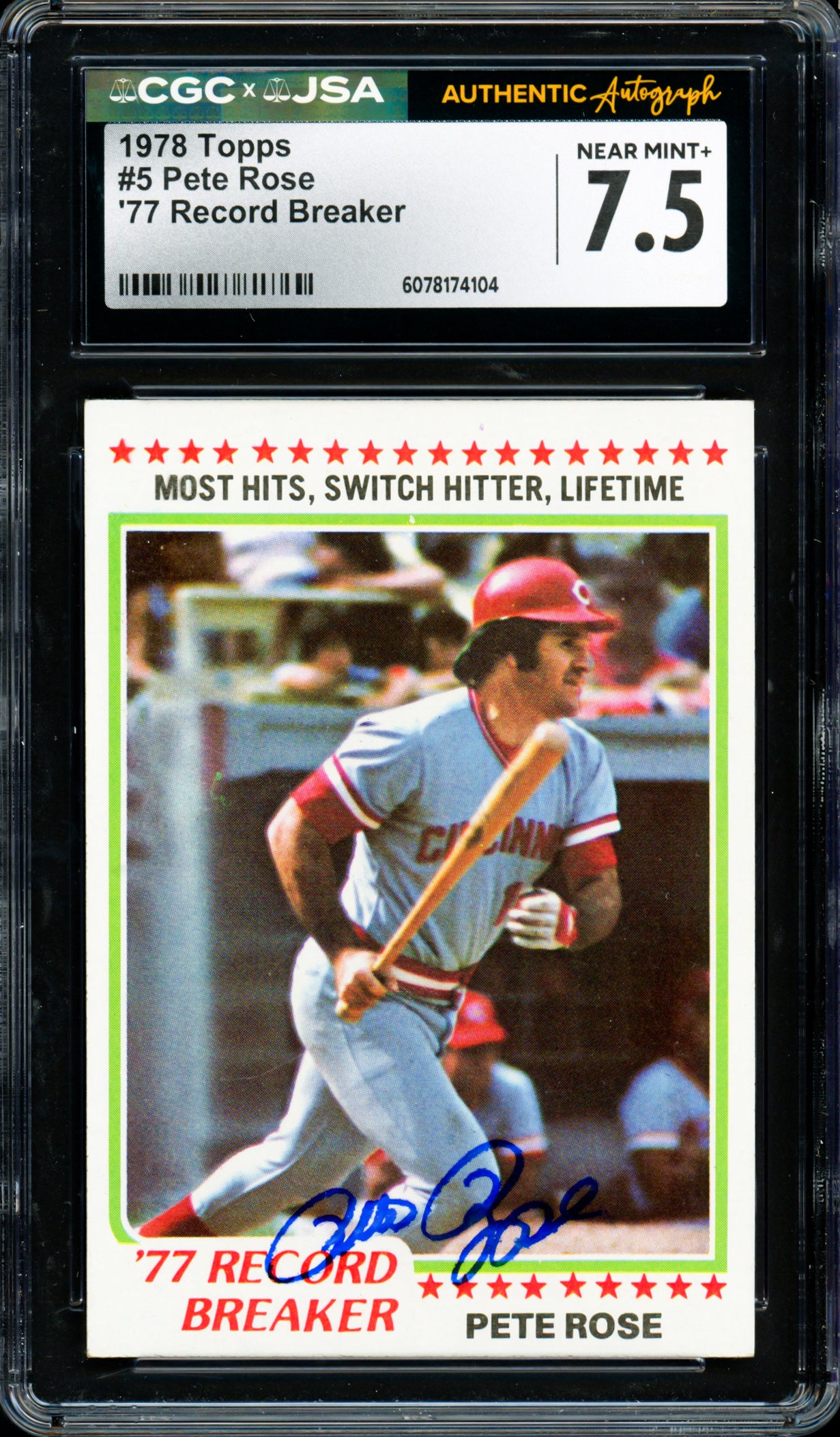 Pete Rose Autographed 1978 Topps Card #5 Cincinnati Reds Card Grade 7.5 CGC x JSA #6078174104