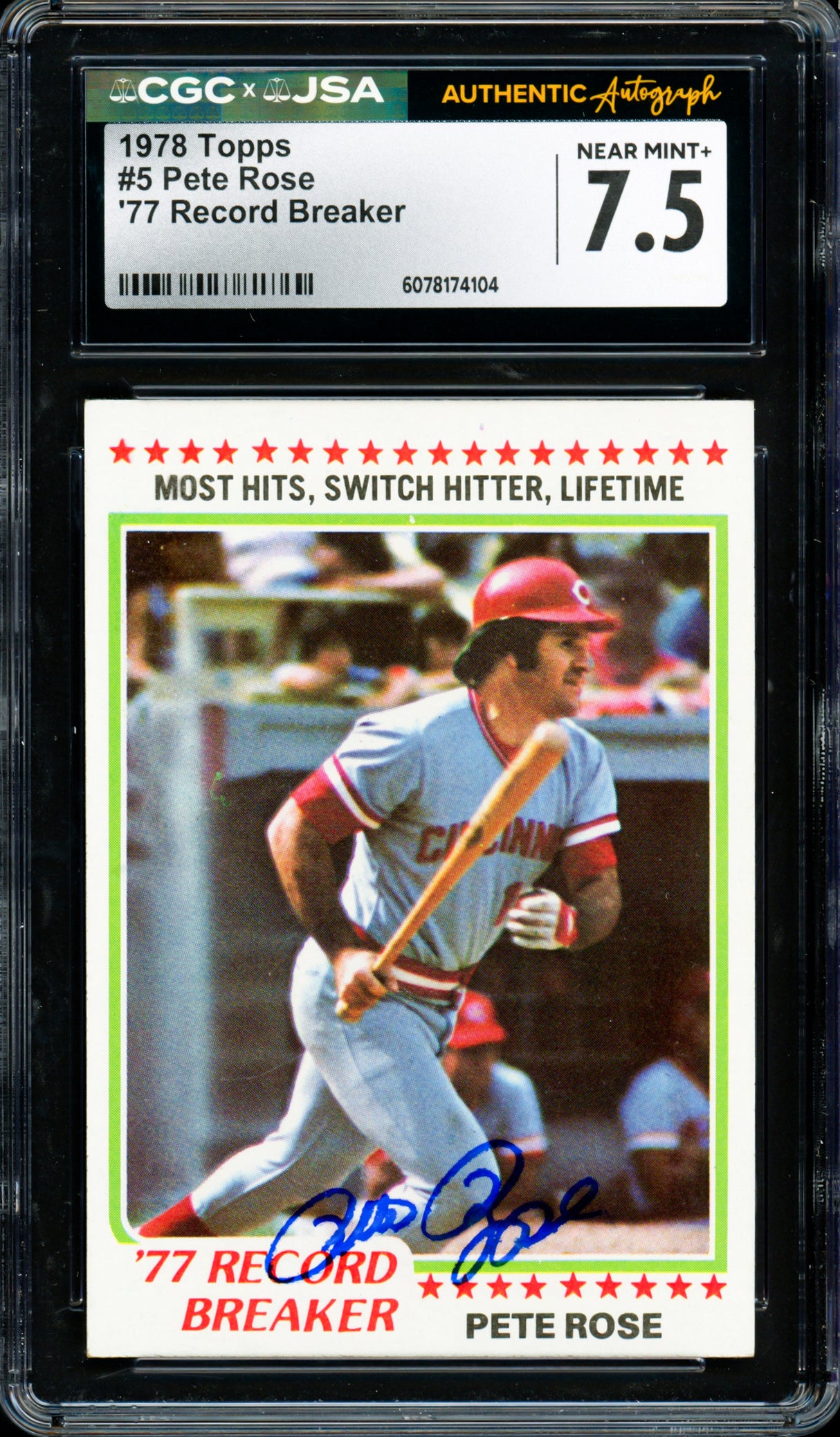 Pete Rose Autographed 1978 Topps Card #5 Cincinnati Reds Card Grade 7.5 CGC x JSA #6078174104
