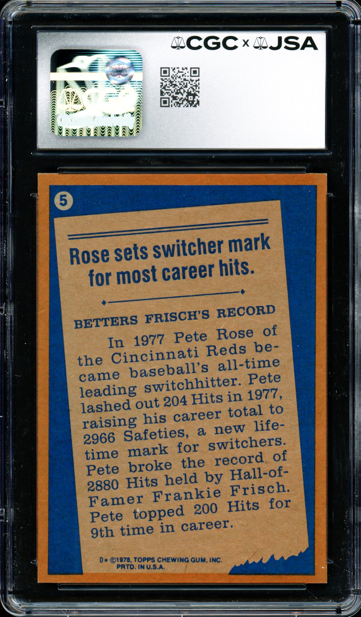 Pete Rose Autographed 1978 Topps Card #5 Cincinnati Reds Card Grade 7.5 CGC x JSA #6078174092