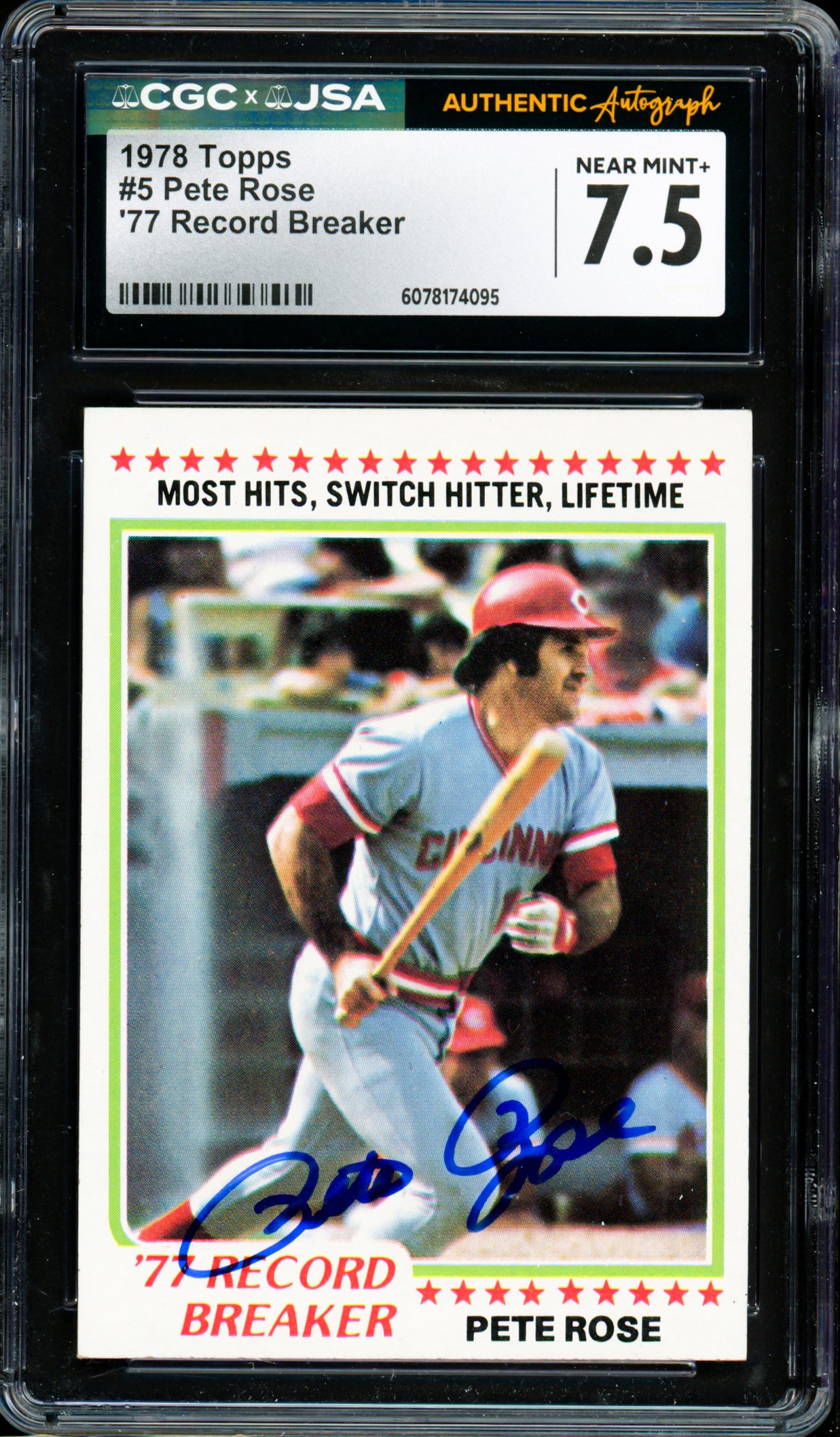 Pete Rose Autographed 1978 Topps Card #5 Cincinnati Reds Card Grade 7.5 CGC x JSA #6078174095