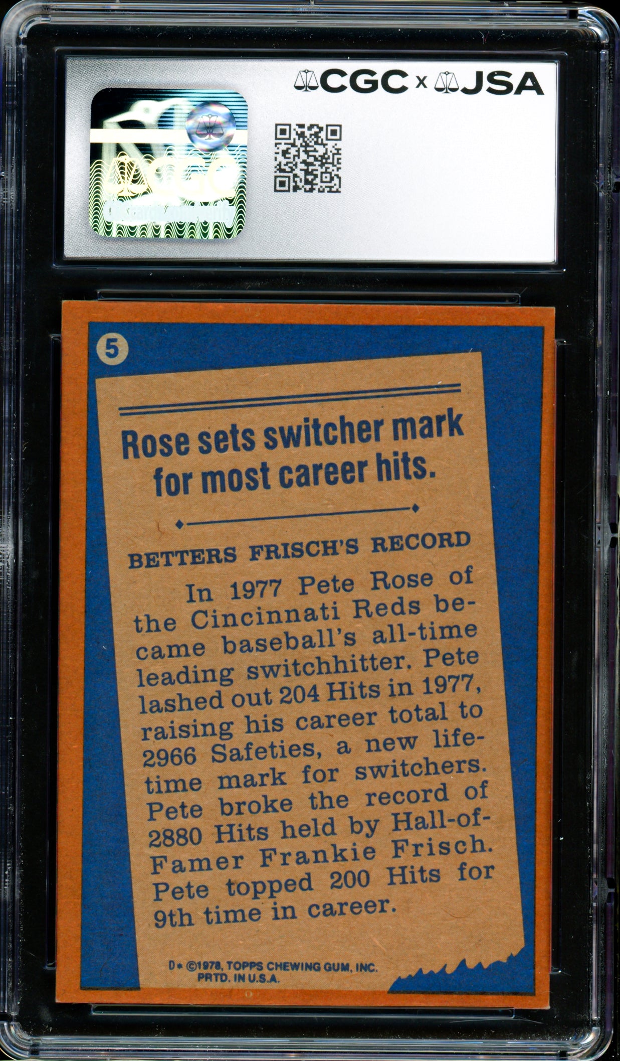 Pete Rose Autographed 1978 Topps Card #5 Cincinnati Reds Card Grade 7.5 CGC x JSA #6078174095