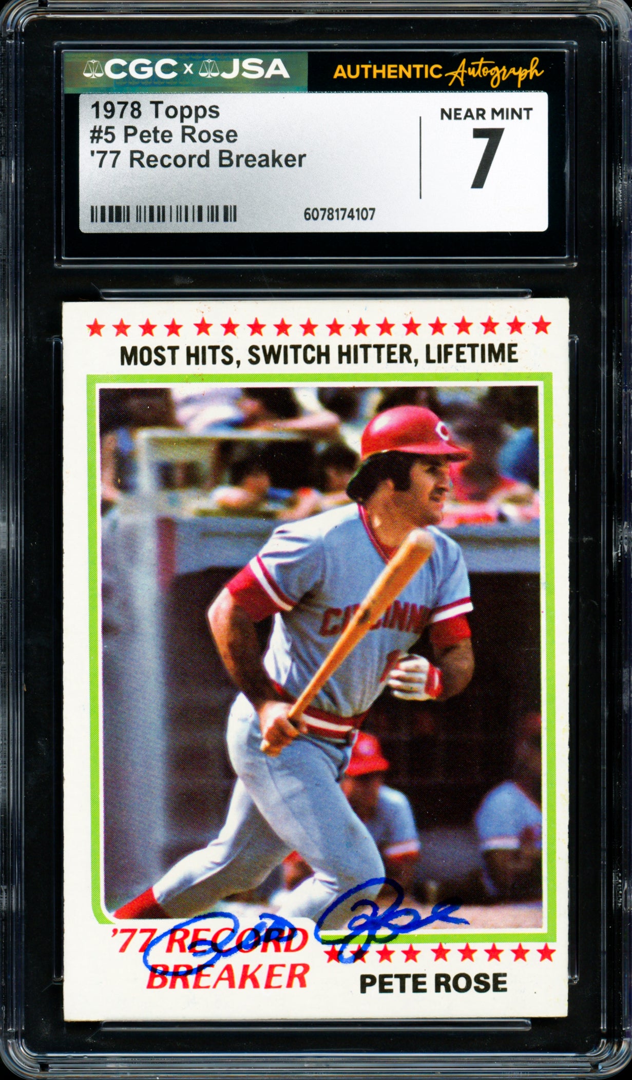 Pete Rose Autographed 1978 Topps Card #5 Cincinnati Reds Card Grade 7 CGC x JSA #6078174107