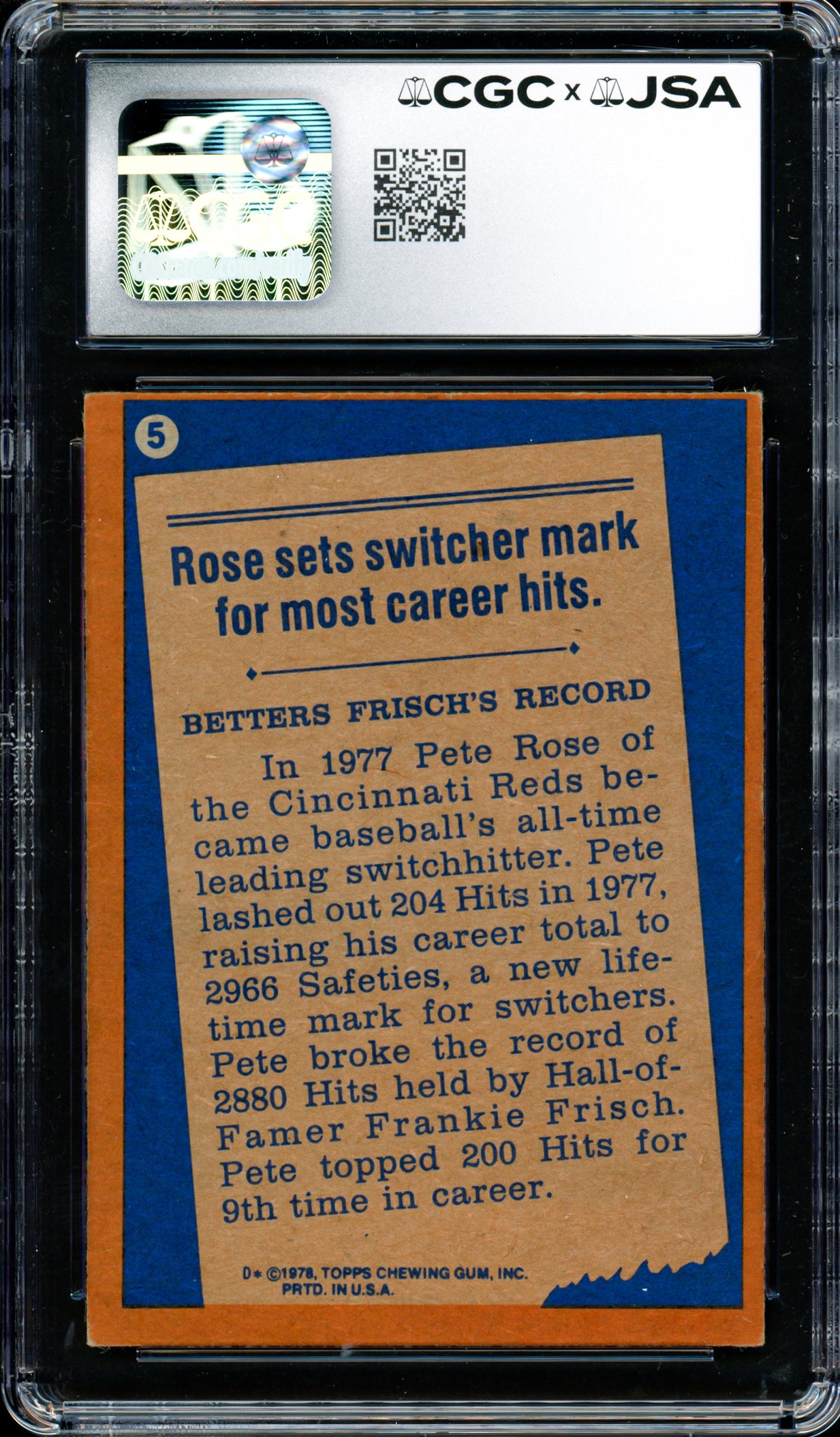 Pete Rose Autographed 1978 Topps Card #5 Cincinnati Reds CGC x JSA #6078174097