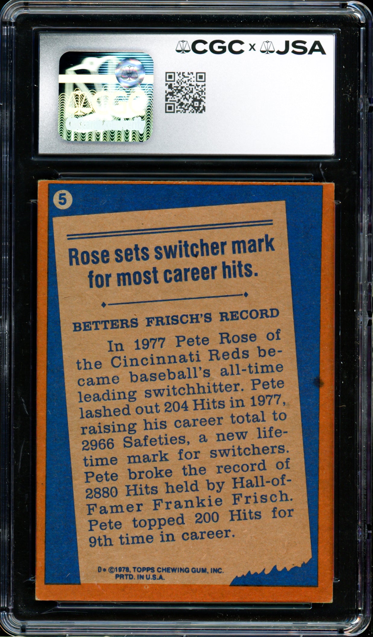 Pete Rose Autographed 1978 Topps Card #5 Cincinnati Reds CGC x JSA #6078174105