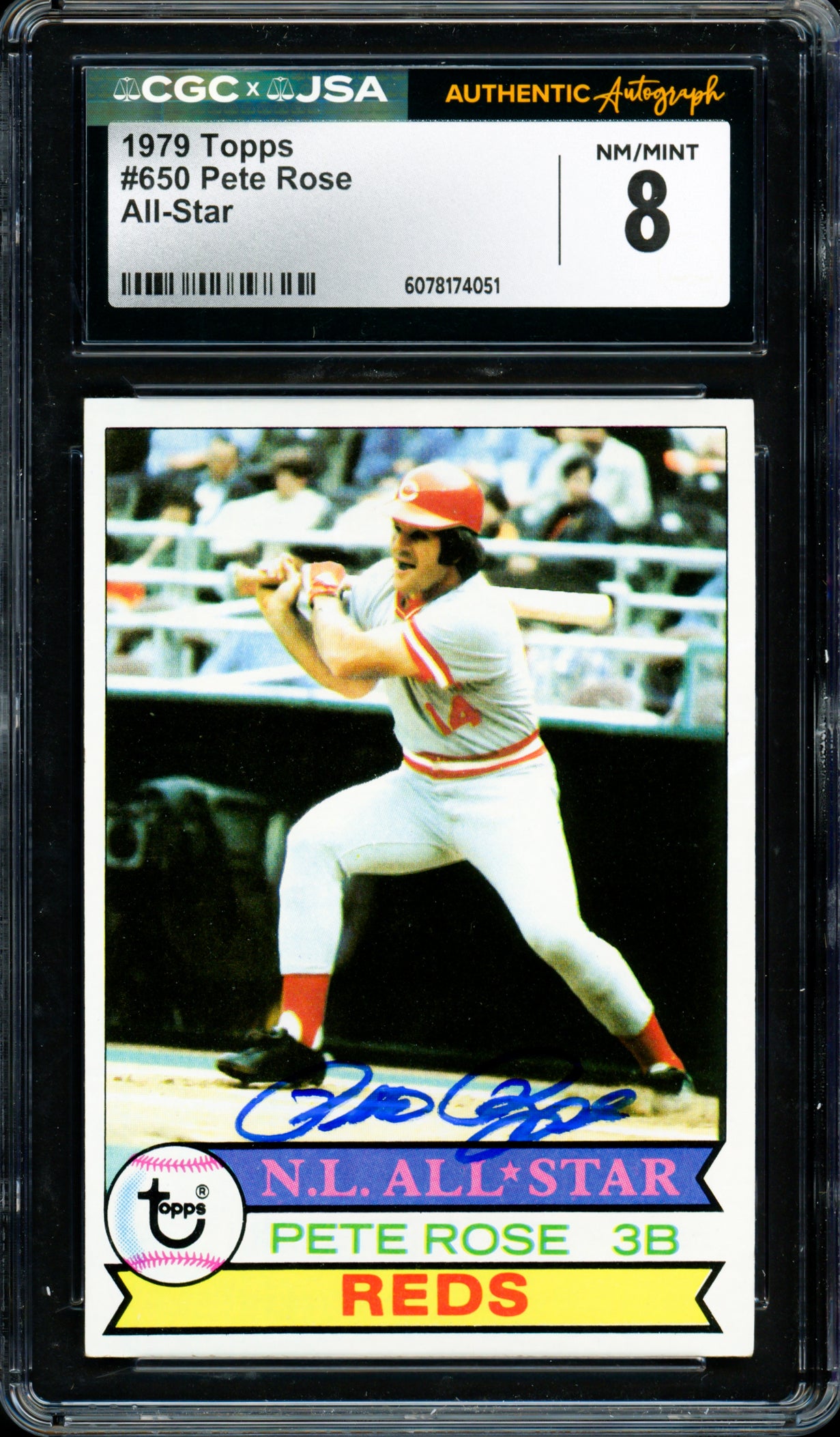Pete Rose Autographed 1979 Topps Card #650 Cincinnati Reds Card Grade 8 CGC x JSA #6078174051