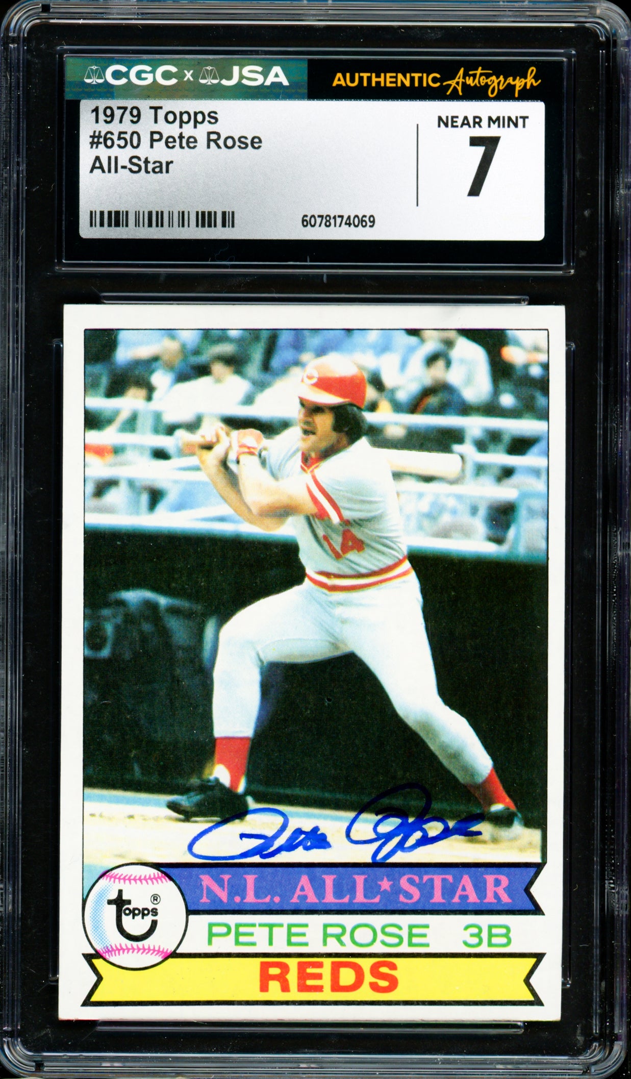 Pete Rose Autographed 1979 Topps Card #650 Cincinnati Reds Card Grade 7 CGC x JSA #6078174069