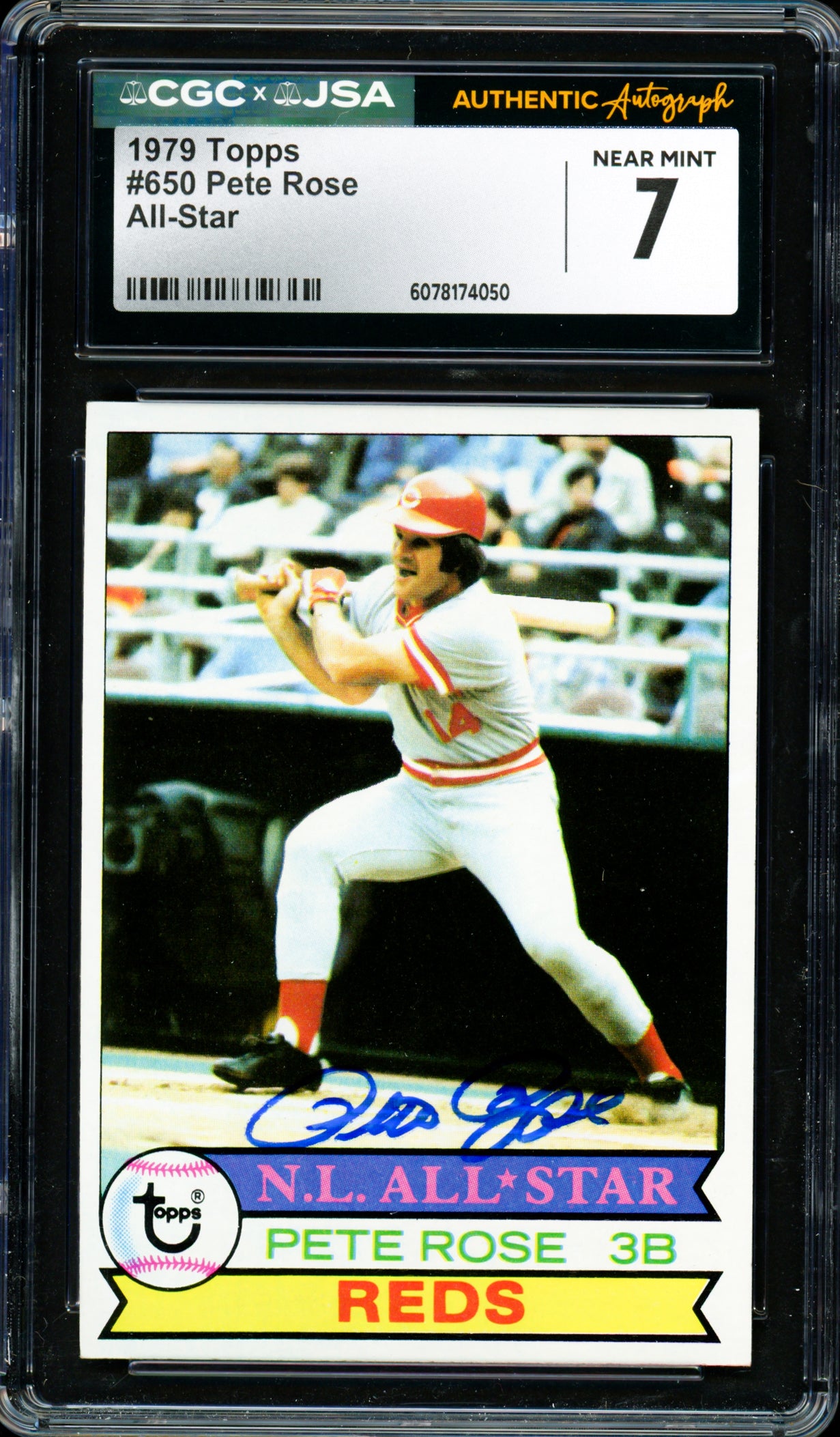 Pete Rose Autographed 1979 Topps Card #650 Cincinnati Reds Card Grade 7 CGC x JSA #6078174050