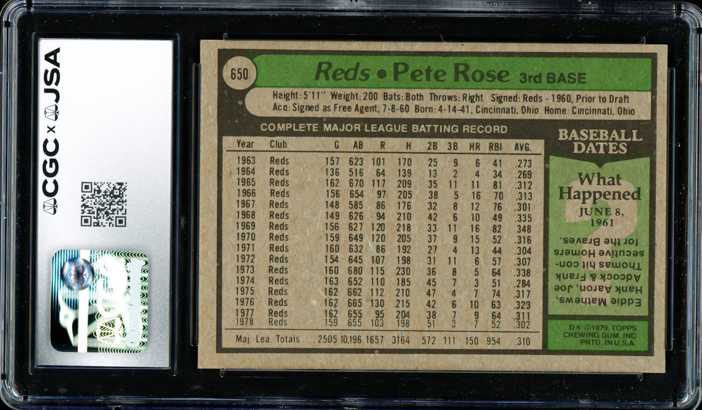 Pete Rose Autographed 1979 Topps Card #650 Cincinnati Reds Card Grade 7 CGC x JSA #6078174050