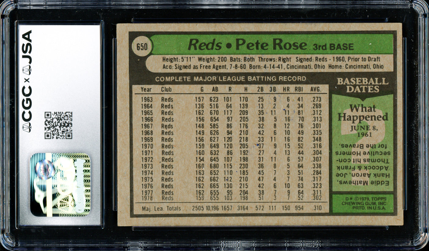Pete Rose Autographed 1979 Topps Card #650 Cincinnati Reds Card Grade 7 CGC x JSA #6078174066