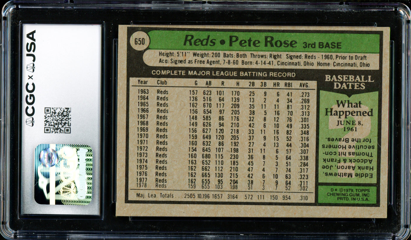Pete Rose Autographed 1979 Topps Card #650 Cincinnati Reds CGC x JSA #6078174064