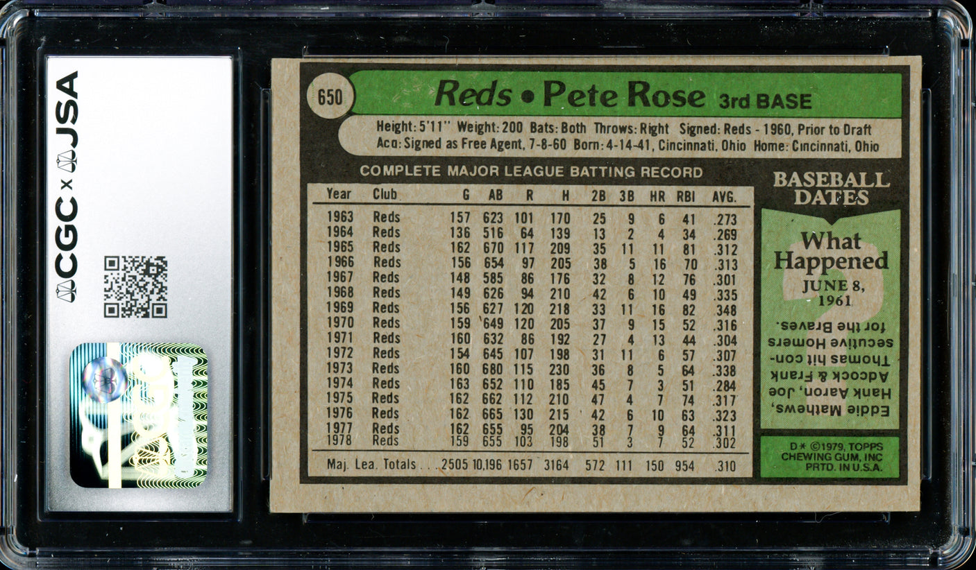 Pete Rose Autographed 1979 Topps Card #650 Cincinnati Reds CGC x JSA #6078174061