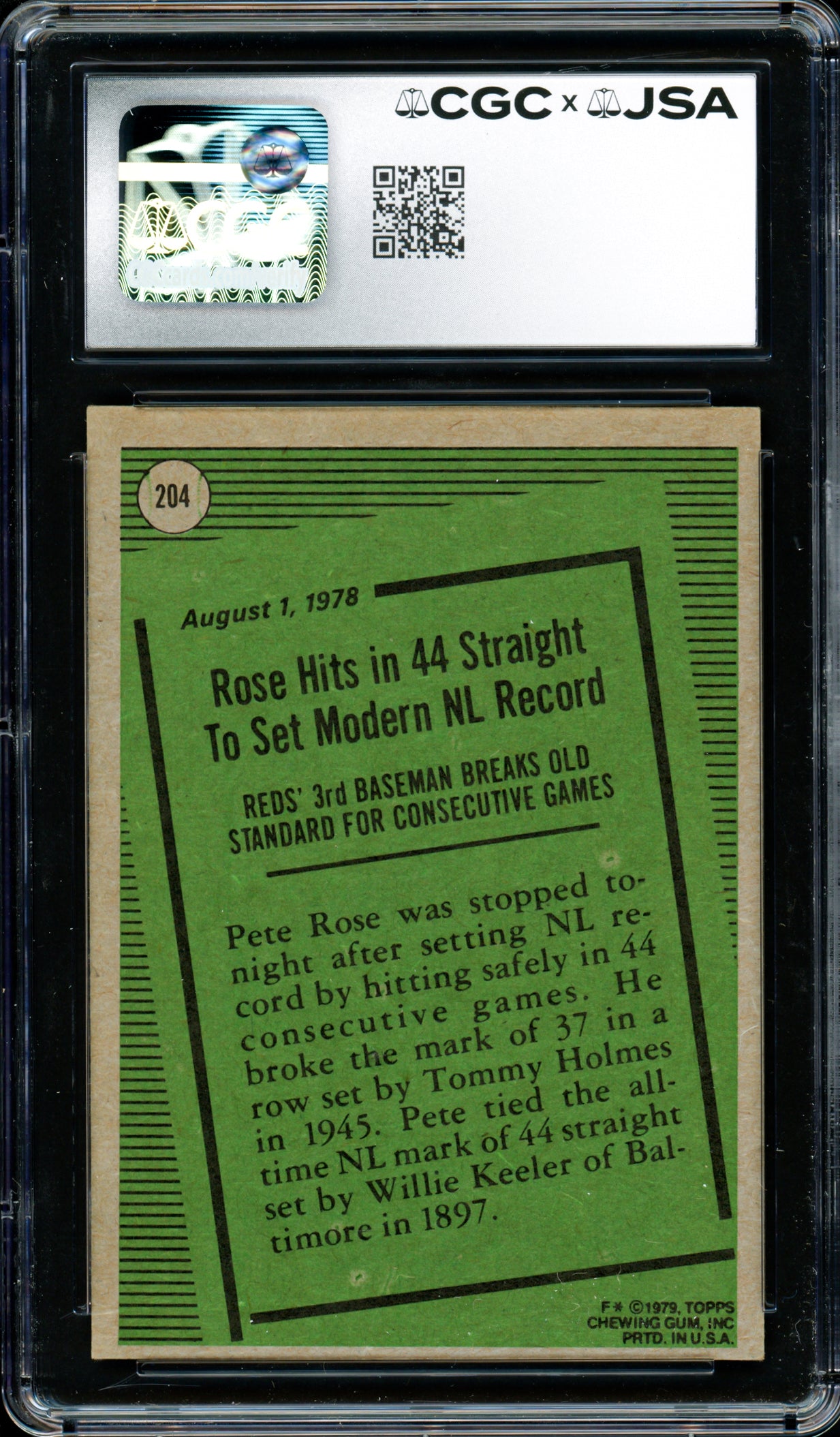 Pete Rose Autographed 1979 Topps Card #204 Cincinnati Reds Card Grade 8 CGC x JSA #6078174042