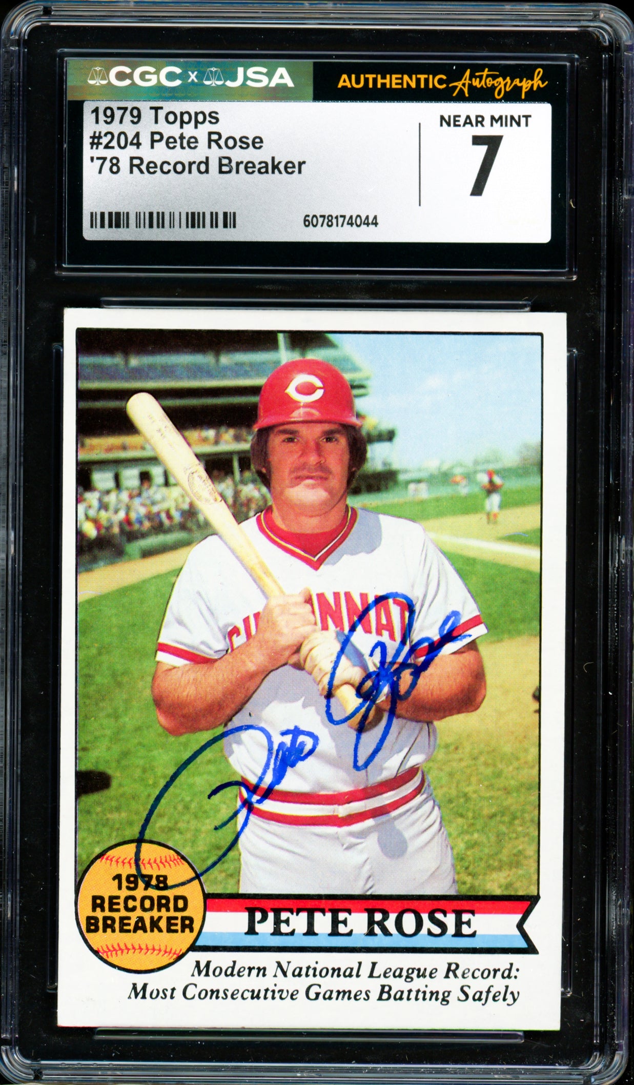 Pete Rose Autographed 1979 Topps Card #204 Cincinnati Reds Card Grade 7 CGC x JSA #6078174044