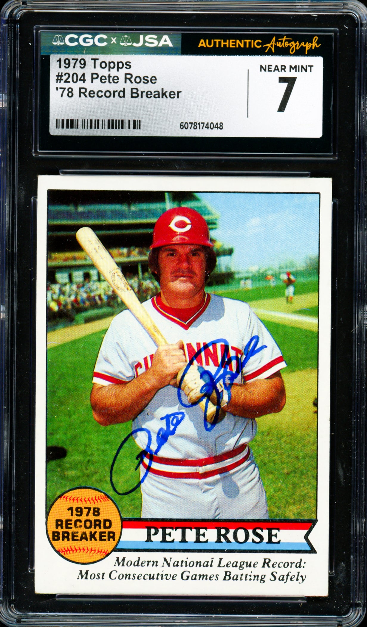 Pete Rose Autographed 1979 Topps Card #204 Cincinnati Reds Card Grade 7 CGC x JSA #6078174048