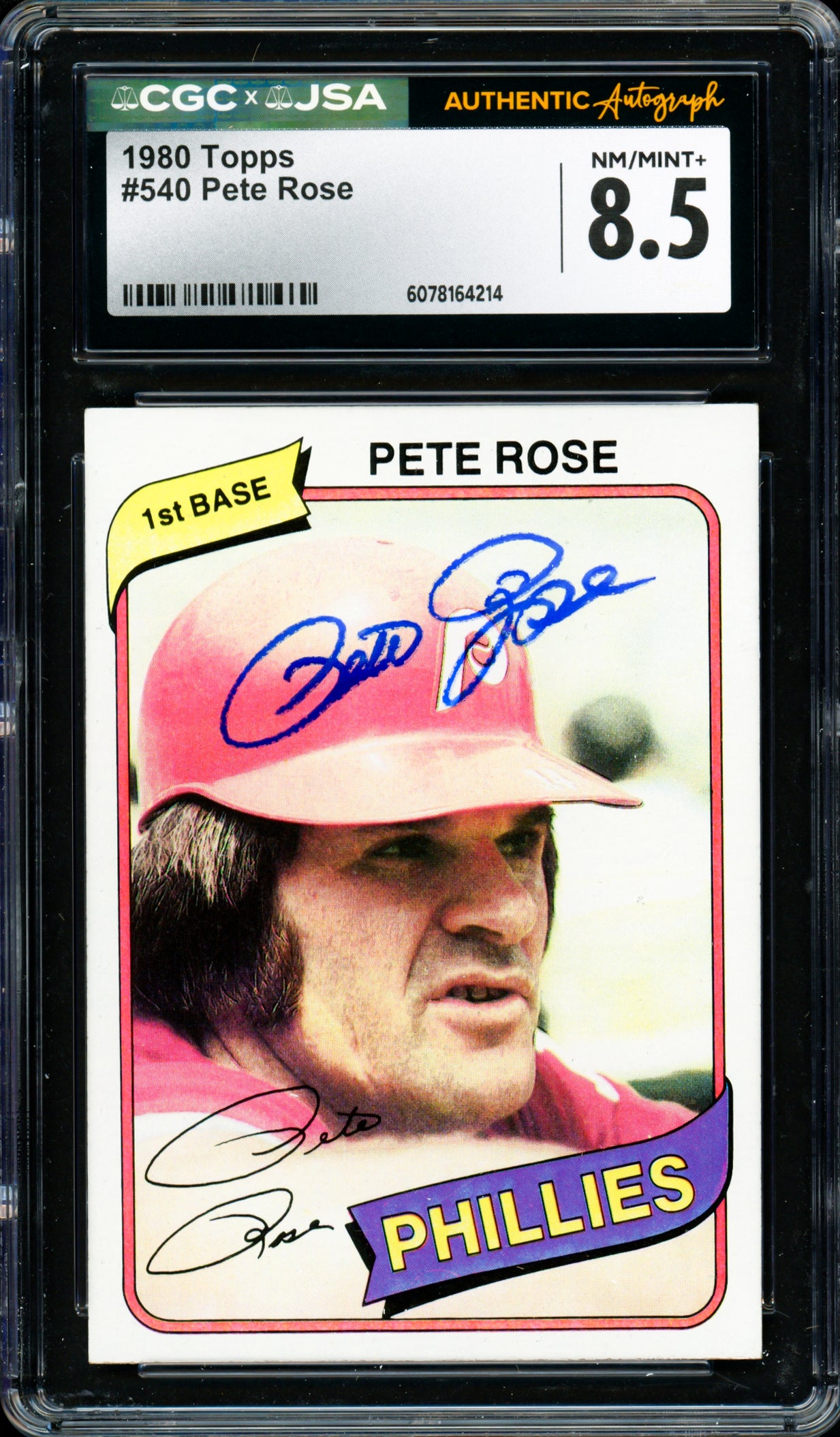 Pete Rose Autographed 1980 Topps Card #540 Philadelphia Phillies Card Grade 8.5 CGC x JSA #6078164214