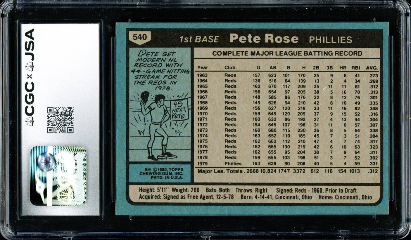 Pete Rose Autographed 1980 Topps Card #540 Philadelphia Phillies Card Grade 8.5 CGC x JSA #6078164214