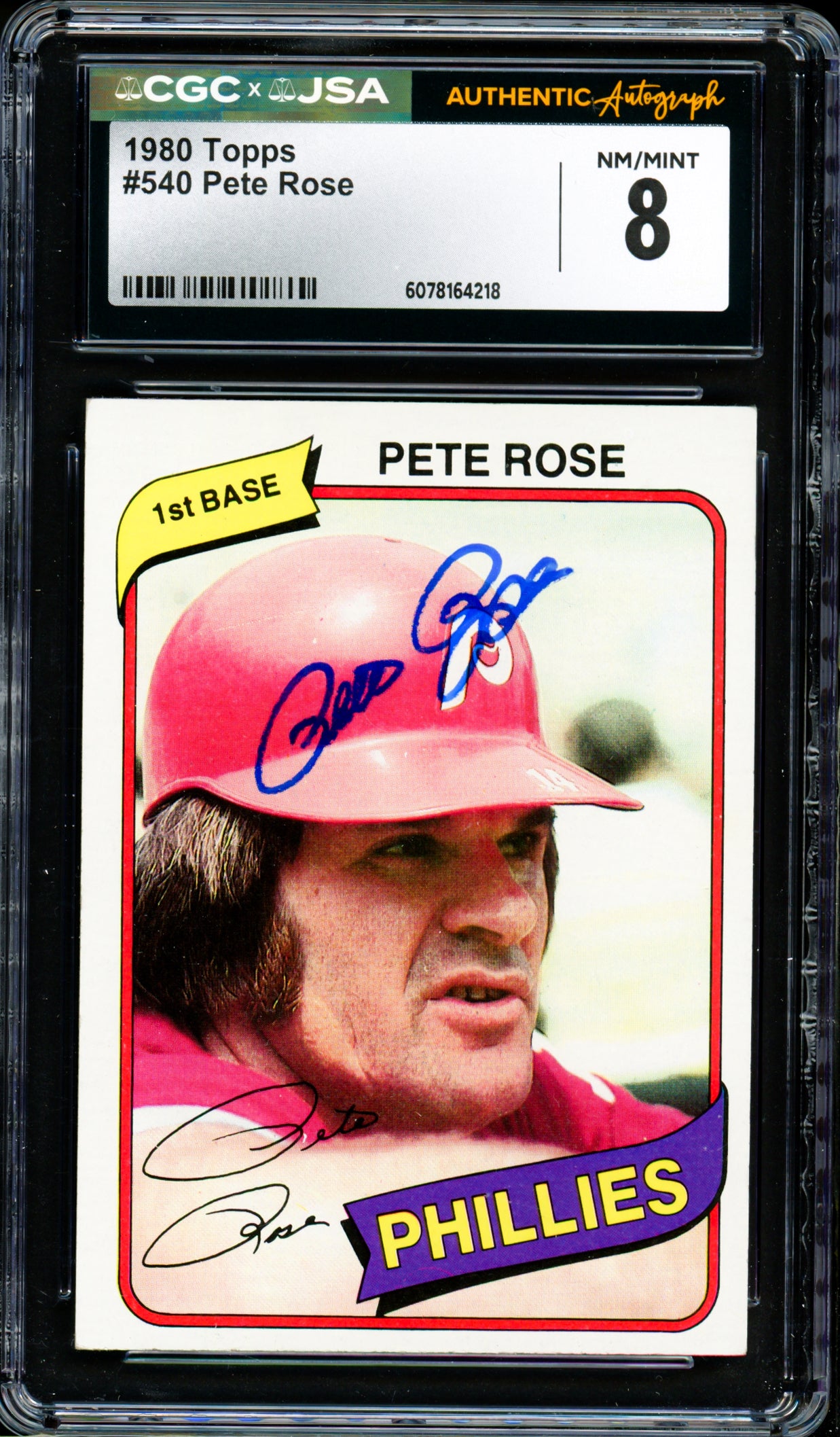 Pete Rose Autographed 1980 Topps Card #540 Philadelphia Phillies Card Grade 8 CGC x JSA #6078164218