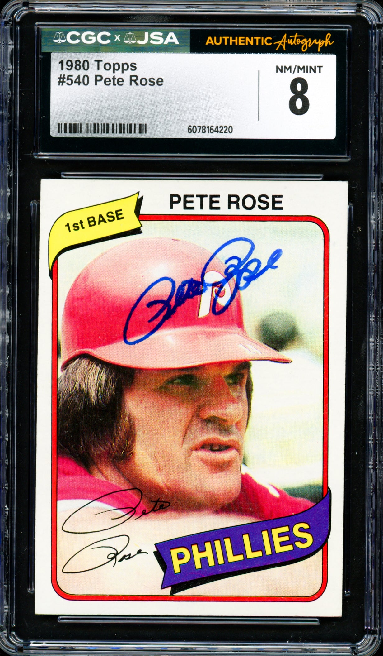 Pete Rose Autographed 1980 Topps Card #540 Philadelphia Phillies Card Grade 8 CGC x JSA #6078164220