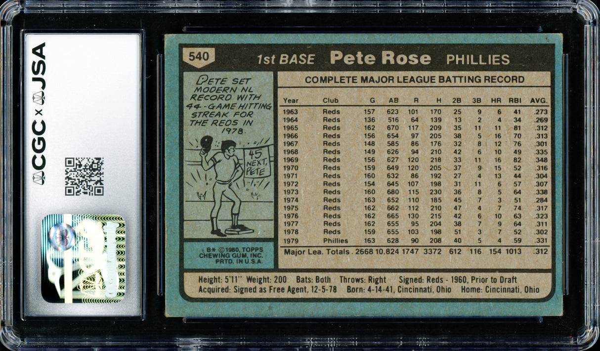 Pete Rose Autographed 1980 Topps Card #540 Philadelphia Phillies CGC x JSA #6078164217