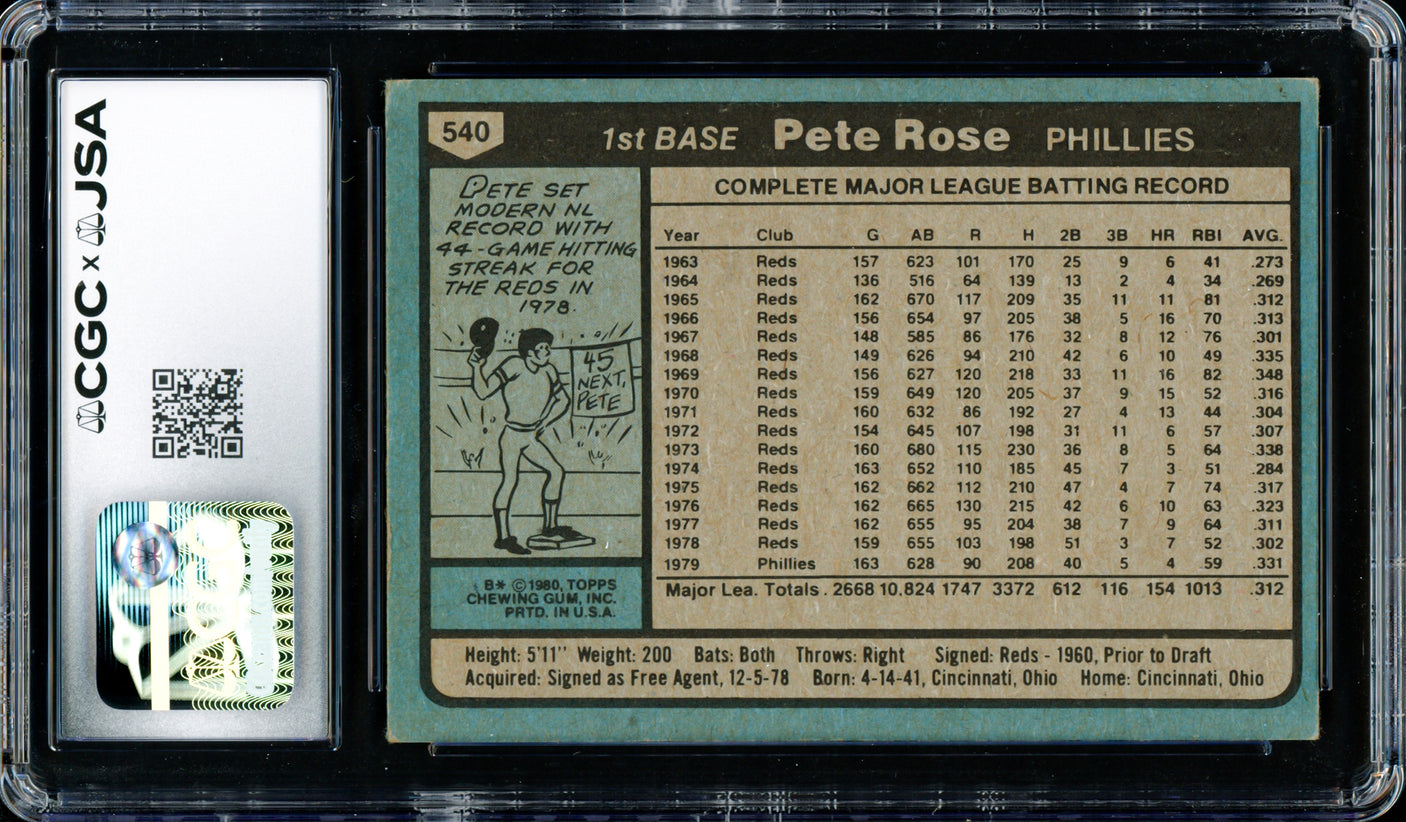 Pete Rose Autographed 1980 Topps Card #540 Philadelphia Phillies CGC x JSA #6078164217