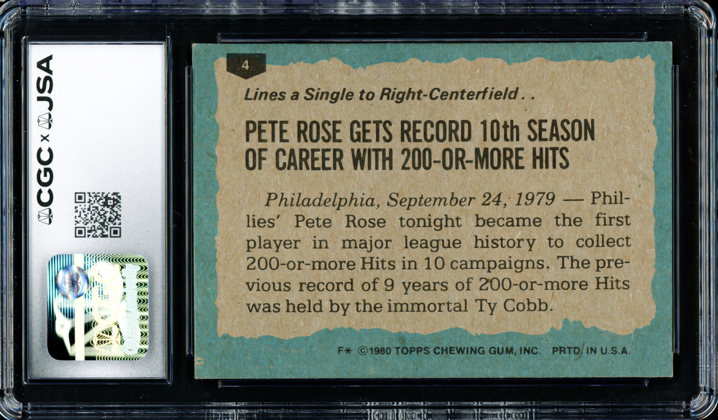 Pete Rose Autographed 1980 Topps Card #4 Philadelphia Phillies Card Grade 8.5 CGC x JSA #6078164223