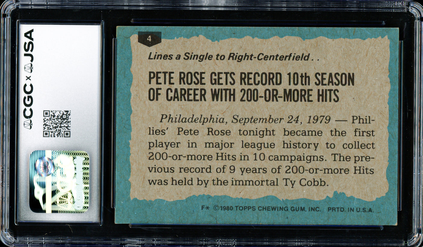 Pete Rose Autographed 1980 Topps Card #4 Philadelphia Phillies Auto Grade Gem Mint 10 CGC x JSA #6078164222