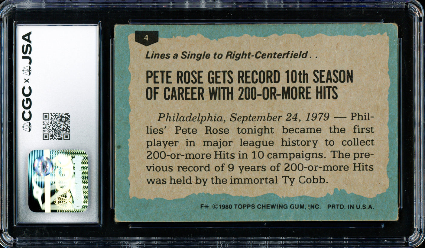 Pete Rose Autographed 1980 Topps Card #4 Philadelphia Phillies Auto Grade Gem Mint 10 CGC x JSA #6078164227