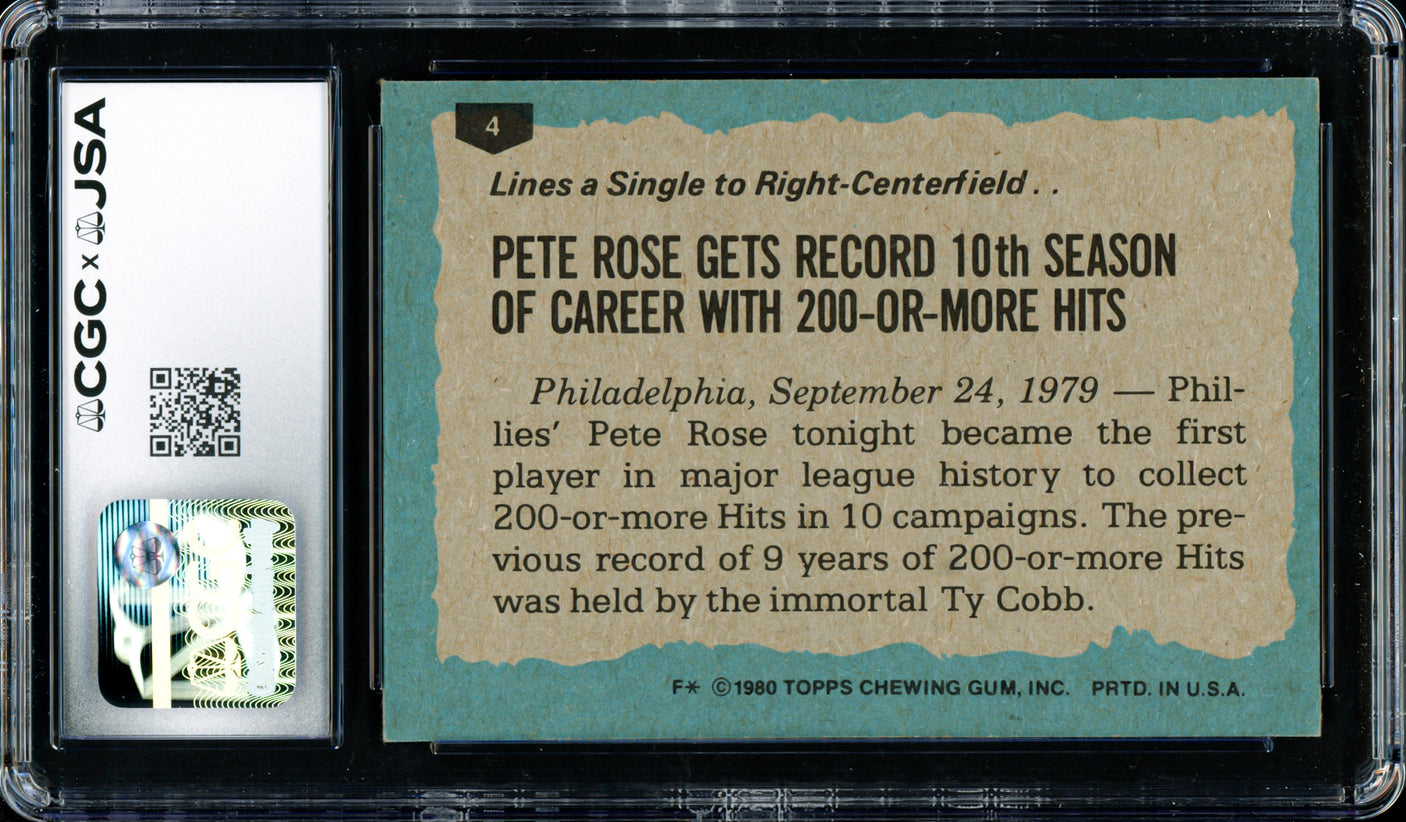 Pete Rose Autographed 1980 Topps Card #4 Philadelphia Phillies CGC x JSA #6078164232
