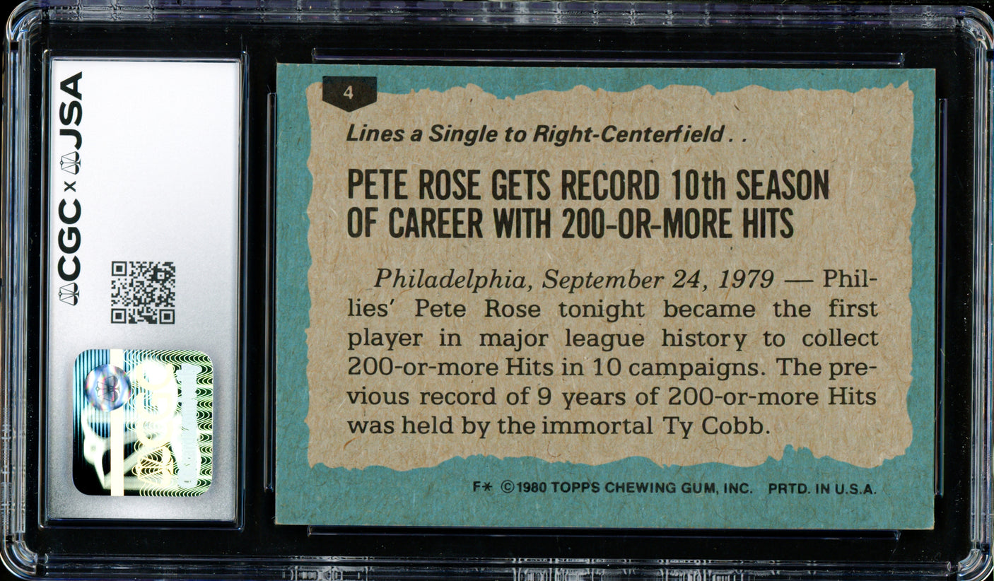 Pete Rose Autographed 1980 Topps Card #4 Philadelphia Phillies CGC x JSA #6078164226