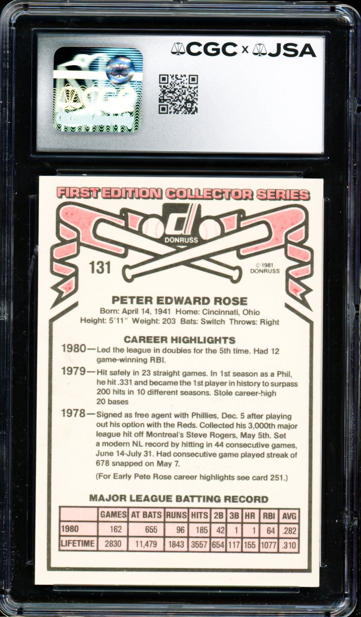 Pete Rose Autographed 1981 Donruss Card #131 Philadelphia Phillies CGC x JSA #6078164233