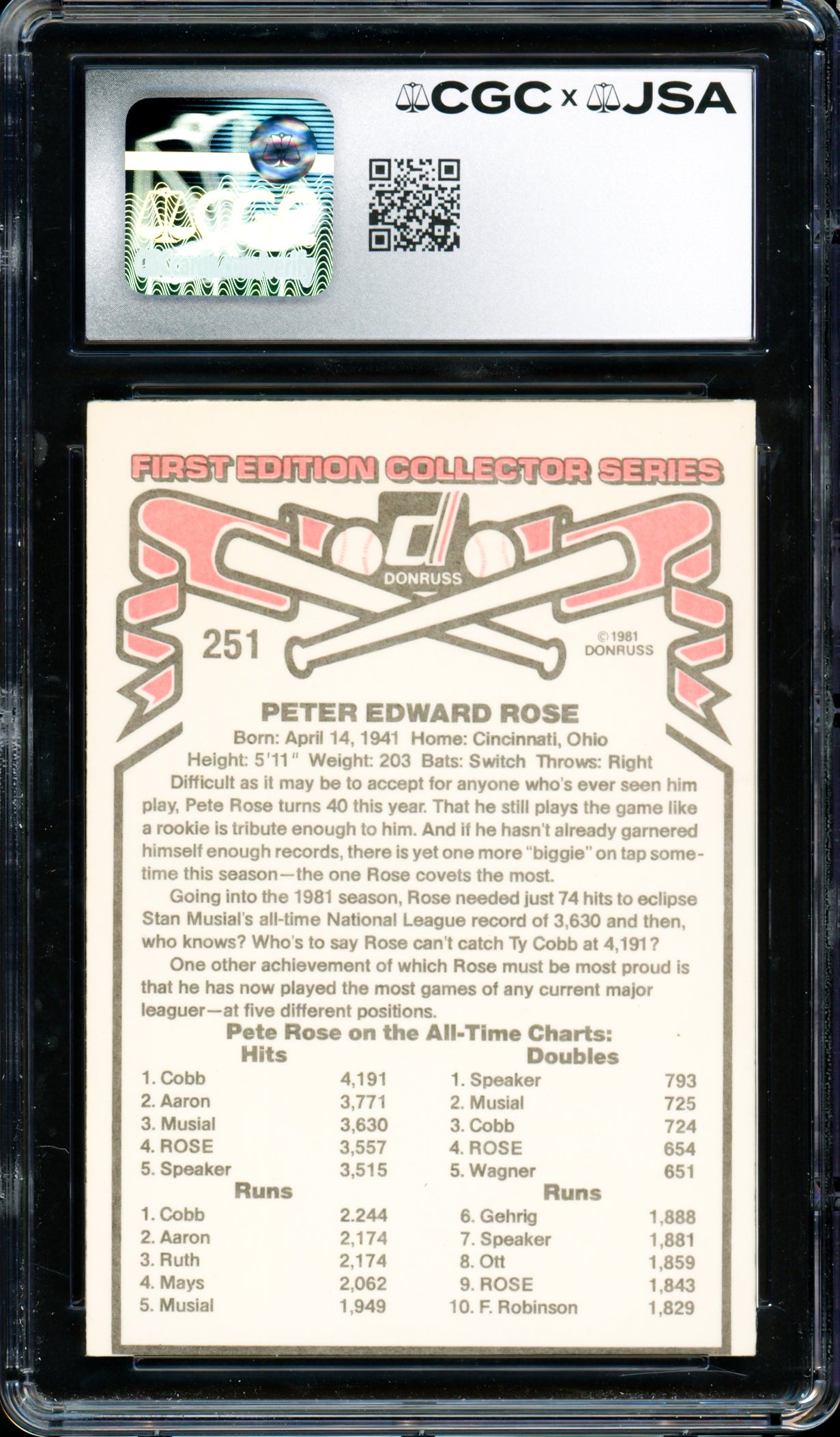 Pete Rose Autographed 1981 Donruss Card #251 Philadelphia Phillies Auto Grade Gem Mint 10 CGC x JSA #6078164238