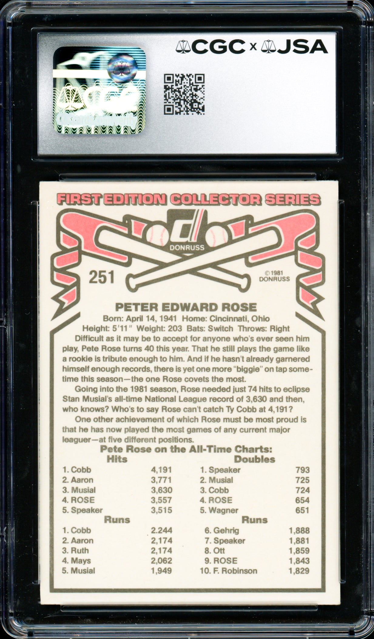 Pete Rose Autographed 1981 Donruss Card #251 Philadelphia Phillies Auto Grade Gem Mint 10 CGC x JSA #6078164242