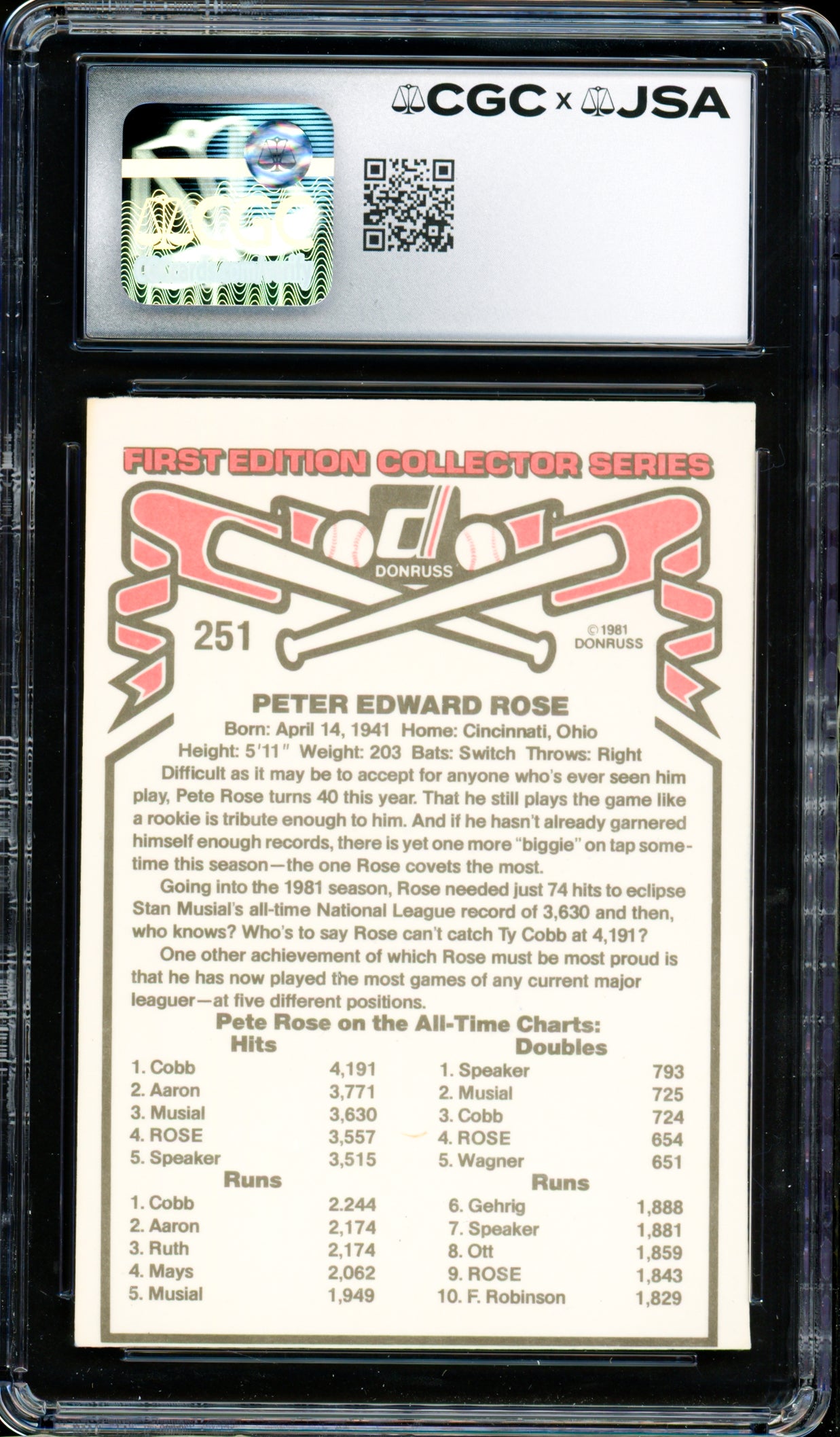 Pete Rose Autographed 1981 Donruss Card #251 Philadelphia Phillies CGC x JSA #6078164243