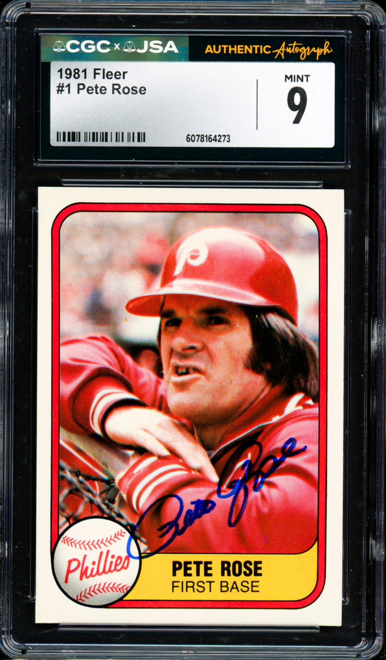Pete Rose Autographed 1981 Fleer Card #1 Philadelphia Phillies Card Grade 9 CGC x JSA #6078164273