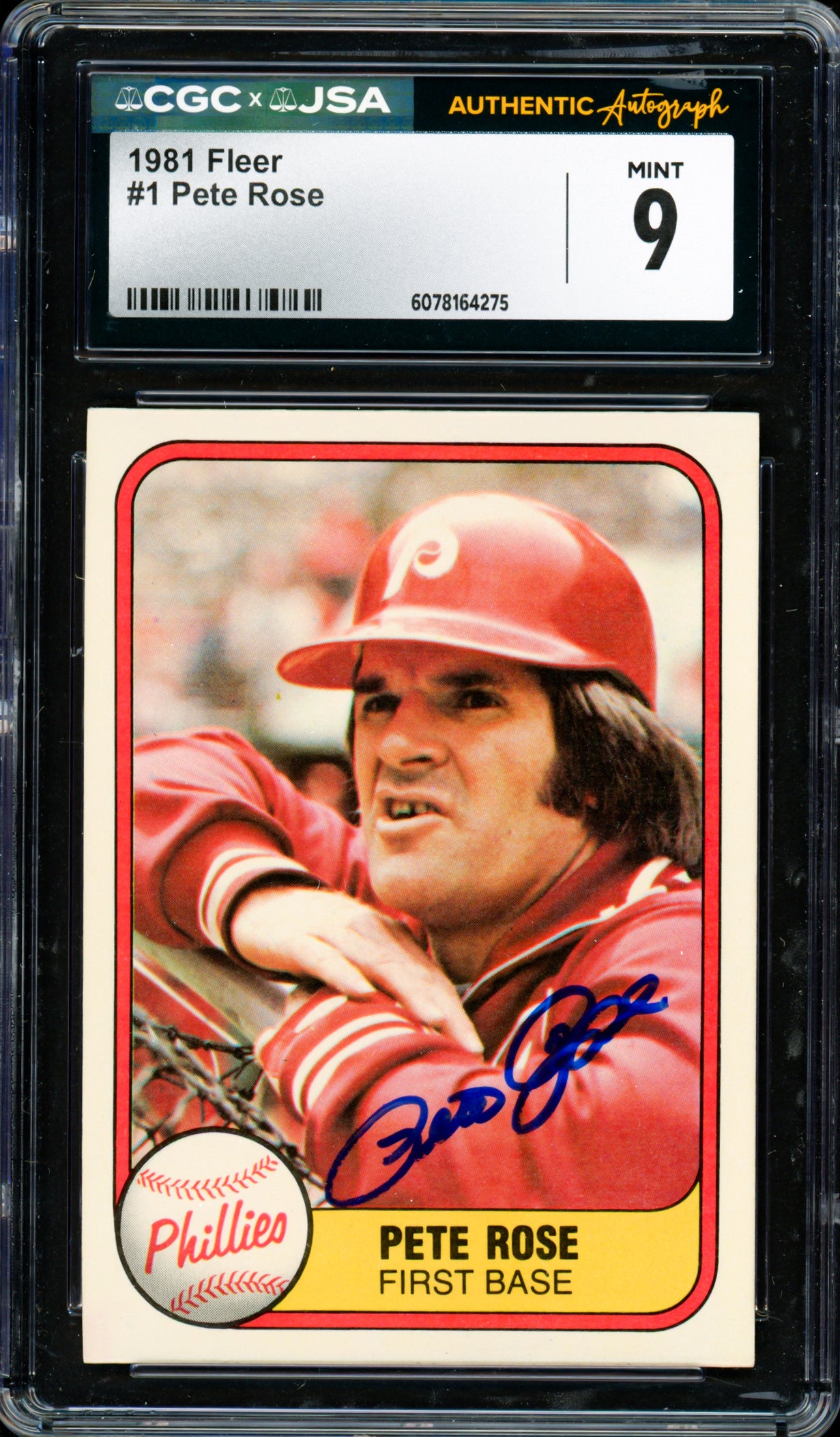Pete Rose Autographed 1981 Fleer Card #1 Philadelphia Phillies Card Grade 9 CGC x JSA #6078164275